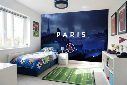 Papier peint football paris saint-germain avec logo équipe sur fond de paysage urbain nocturne pour décor mural