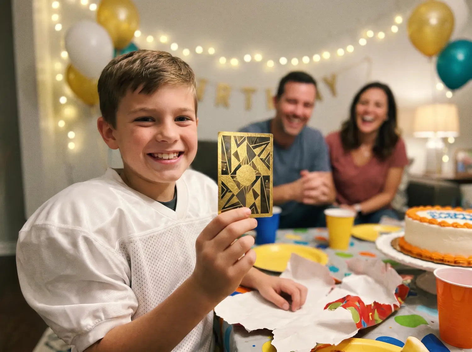 Jeune footballeur découvrant sa carte de joueur collector personnalisée en cadeau d'anniversaire
