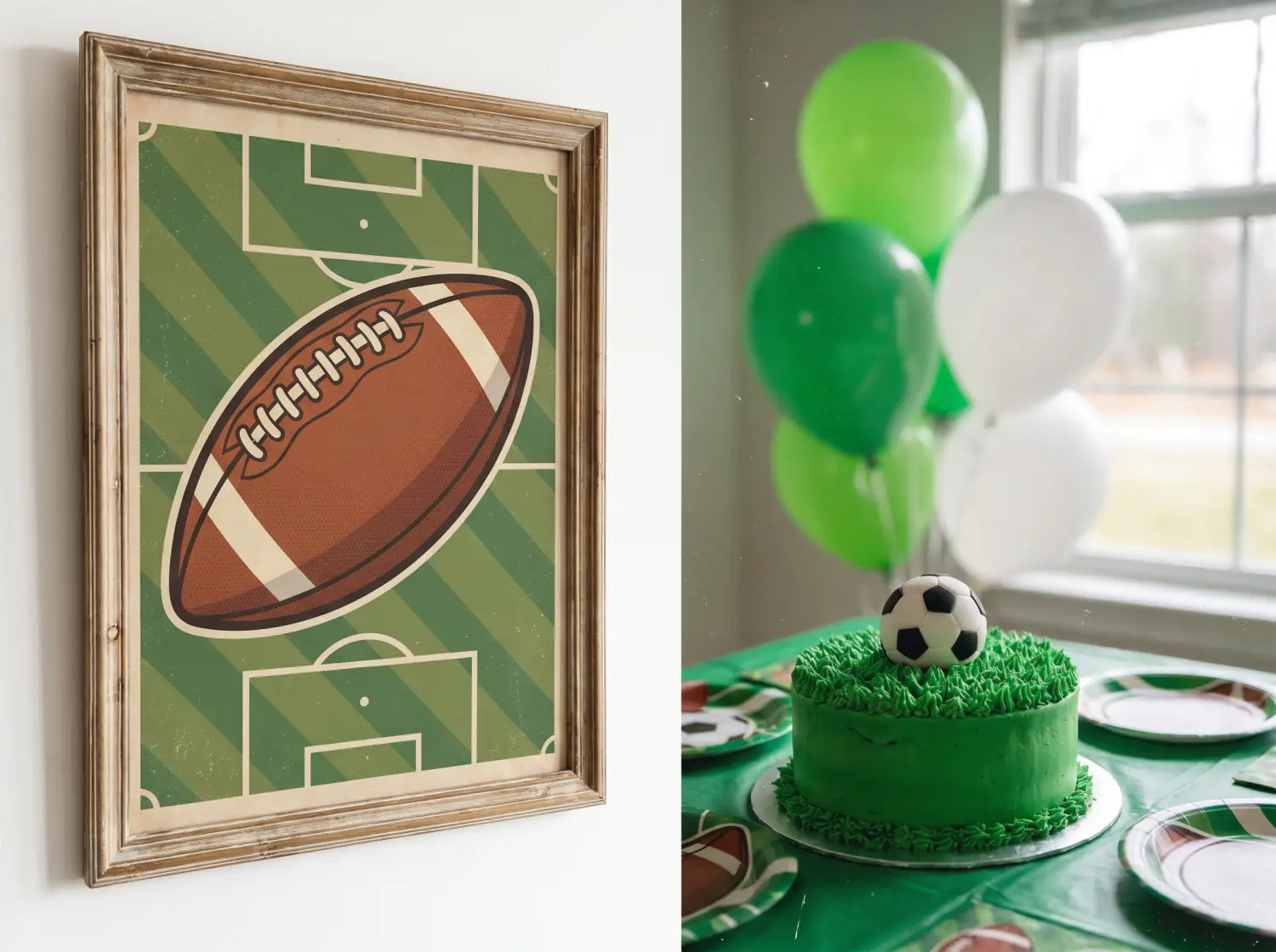 Affiche football encadrée au-dessus d'une table d'anniversaire avec ballons verts et blancs