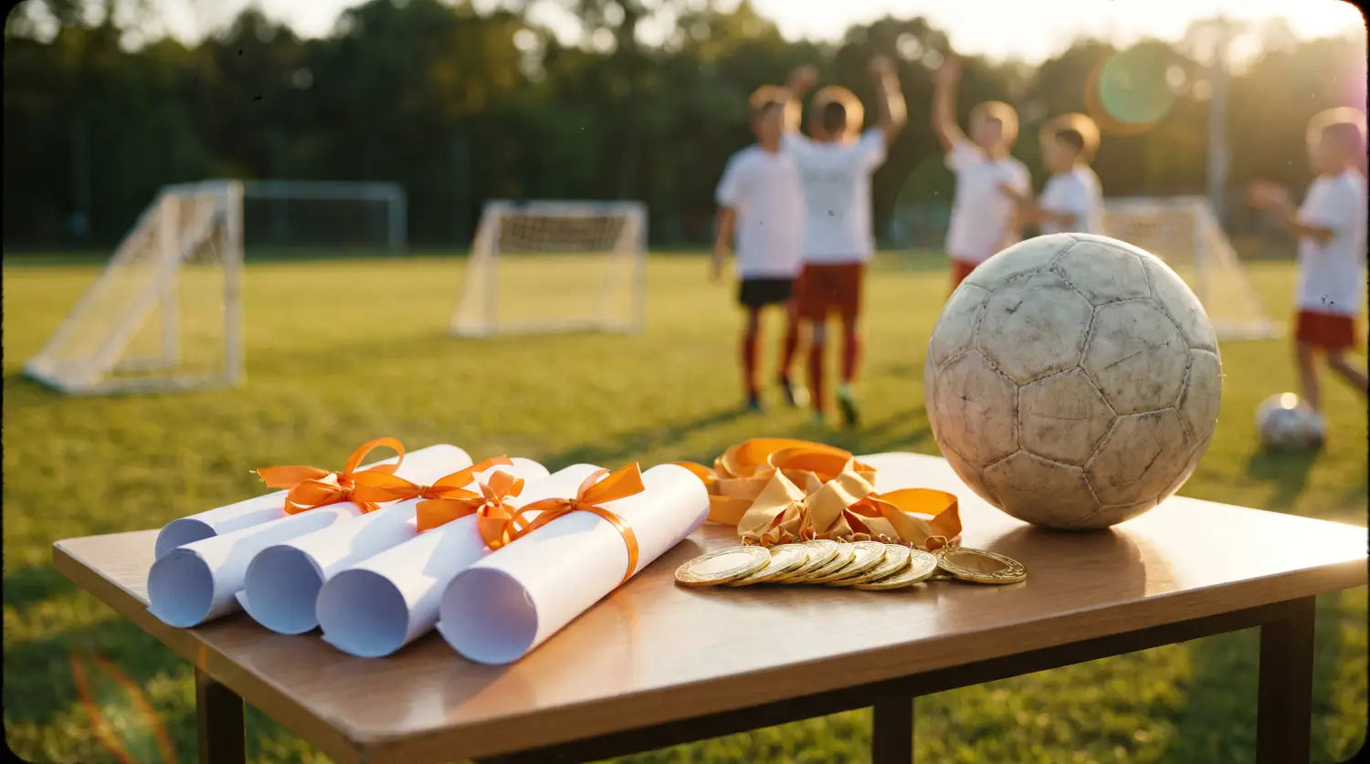 Table de remise de diplômes et médailles lors d'un tournoi de foot pour enfants