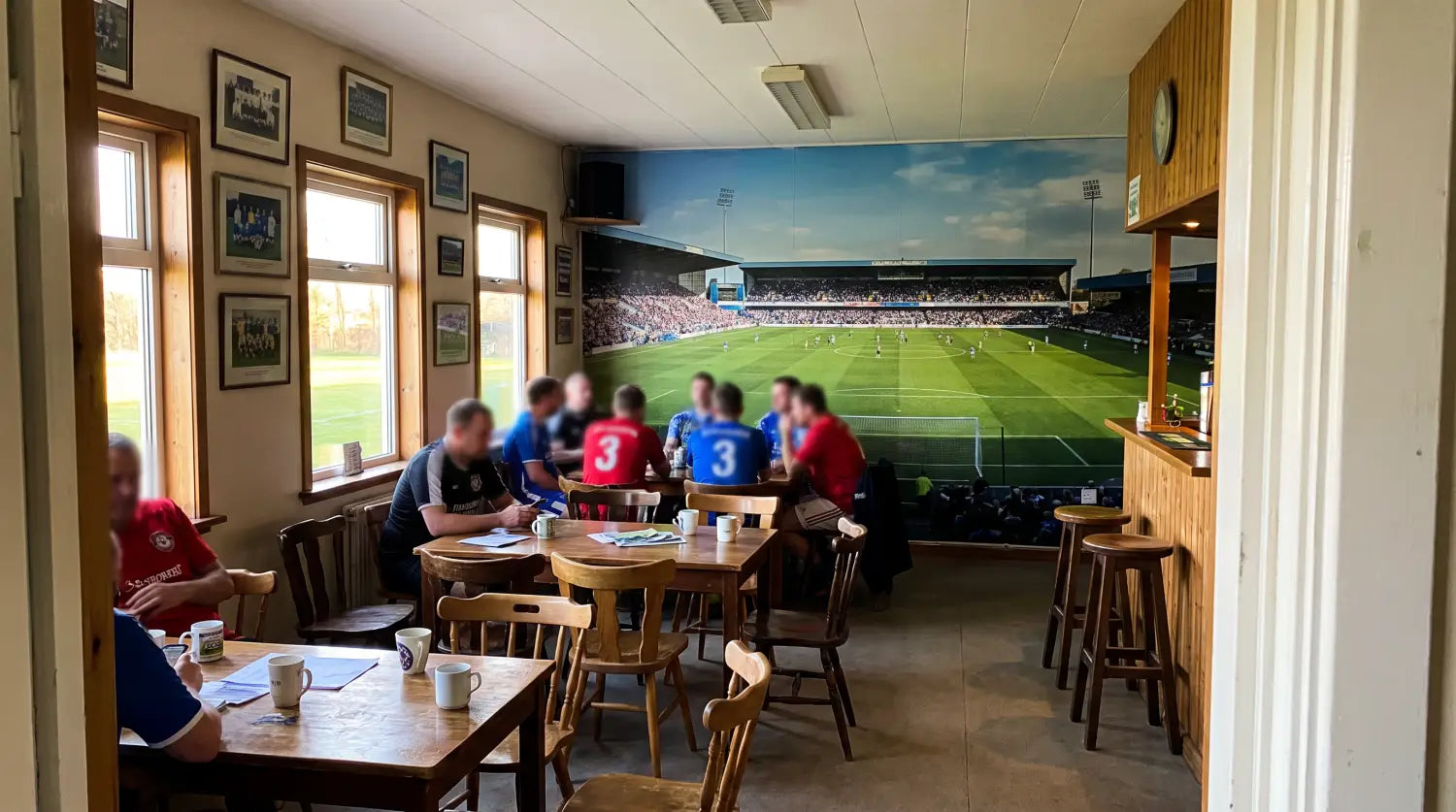 Salle de club de foot amateur décorée avec une fresque murale de stade et aux couleurs du club