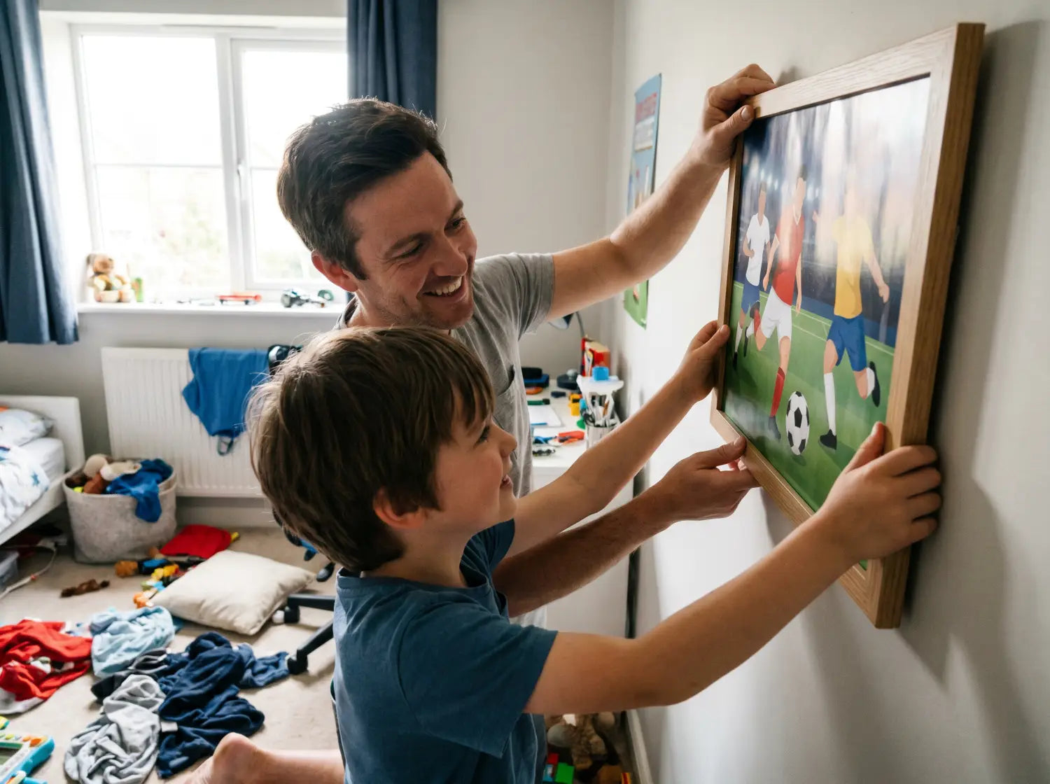 Parent et enfant accrochant ensemble une affiche de football au mur d'une chambre