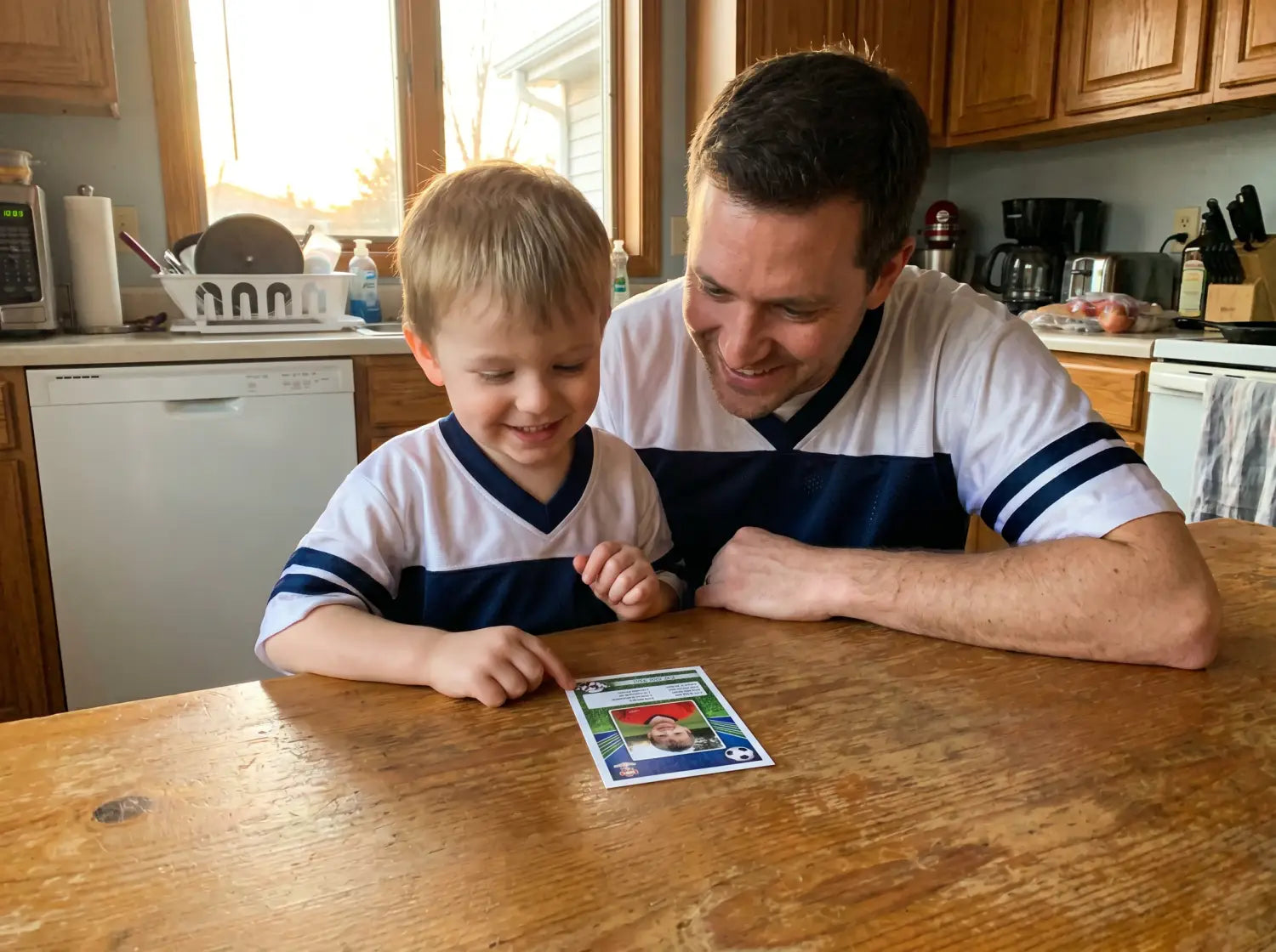 Parent et enfant découvrant ensemble la carte de joueur de foot personnalisée