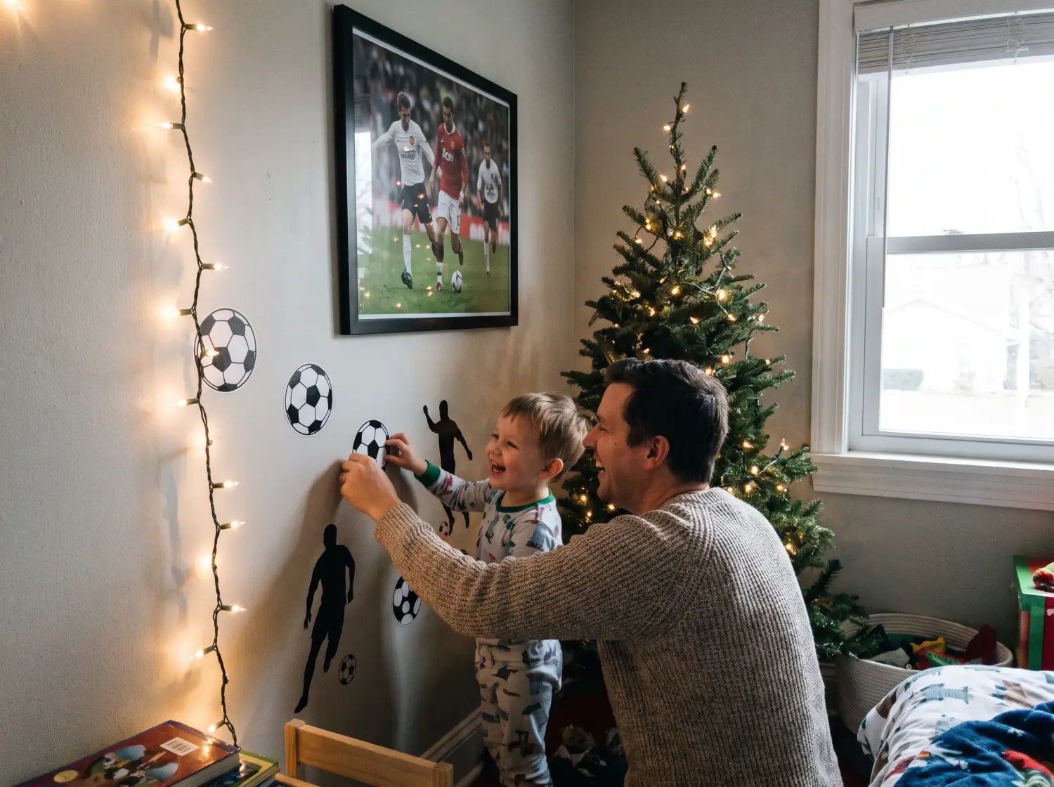Parent et enfant posant ensemble une décoration murale football dans une chambre à Noël