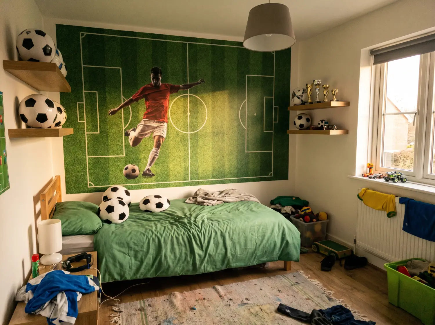 Vue d'ensemble d'une chambre d'enfant décorée avec un grand sticker mural foot