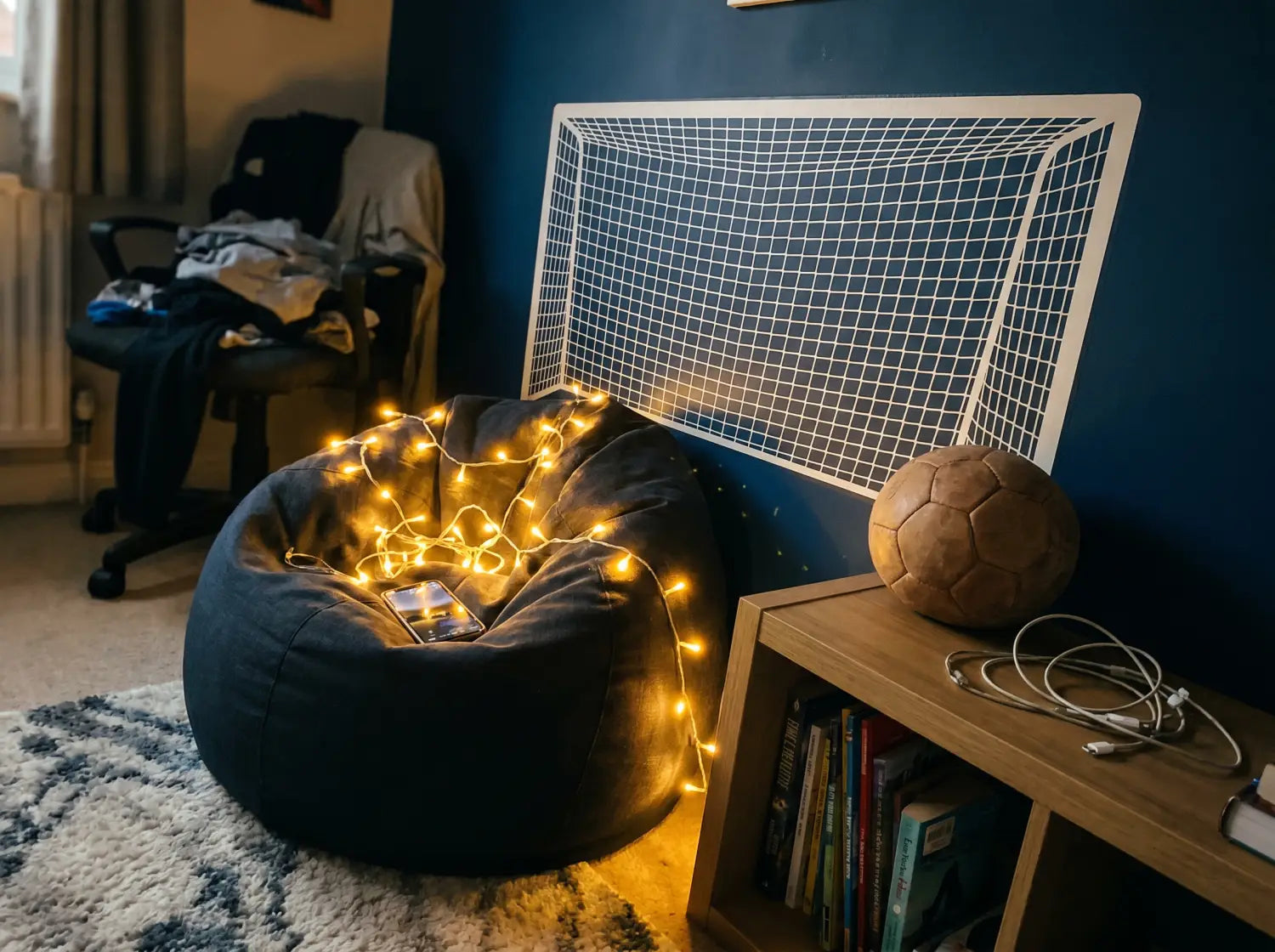 Sticker but de foot taille réelle sur mur bleu nuit dans une chambre d'ado