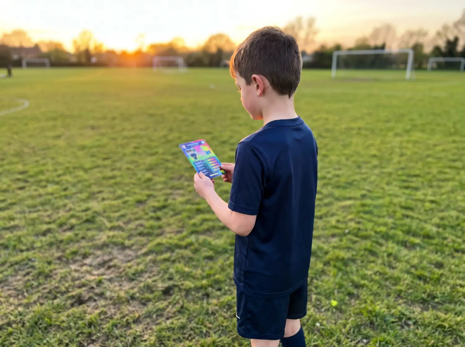 Jeune joueur tenant fièrement sa carte de foot personnalisée sur le terrain