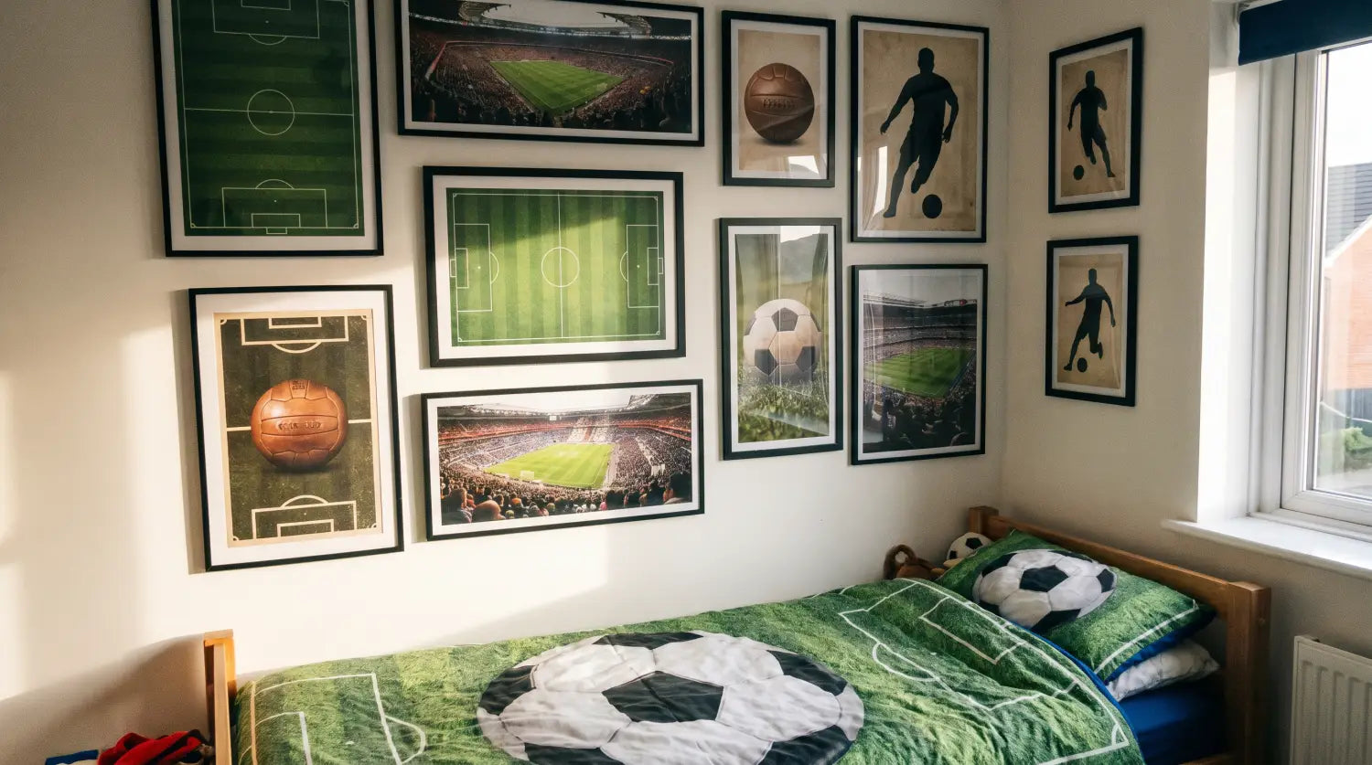 Mur d'une chambre d'enfant décoré avec plusieurs affiches de football encadrées au-dessus d'un lit