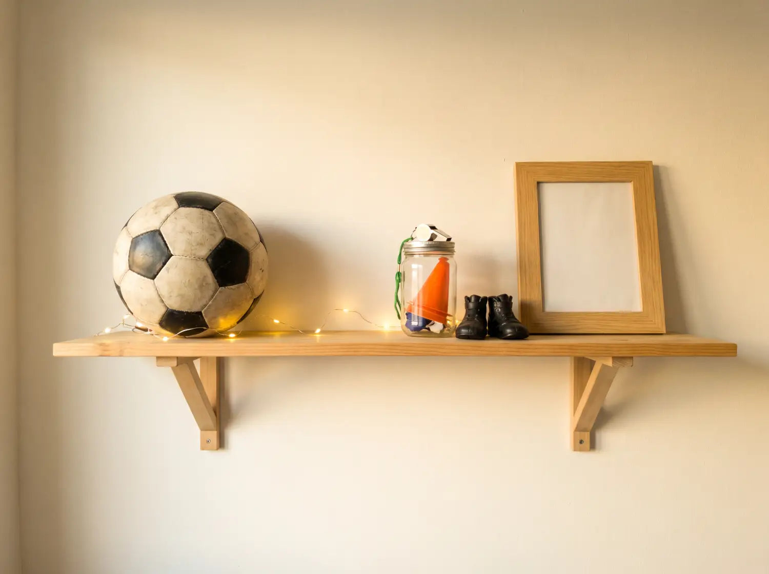 Détail déco DIY économique avec étagère, ballon et guirlande lumineuse dans une chambre foot