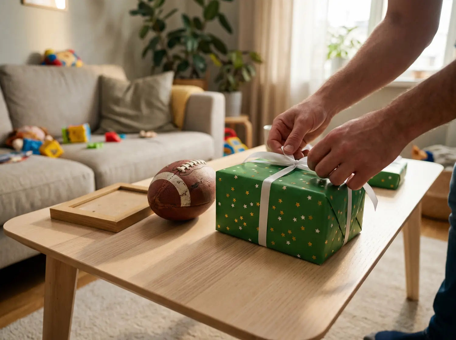 Préparation d'un cadeau de fin de saison foot avec papier vert gazon