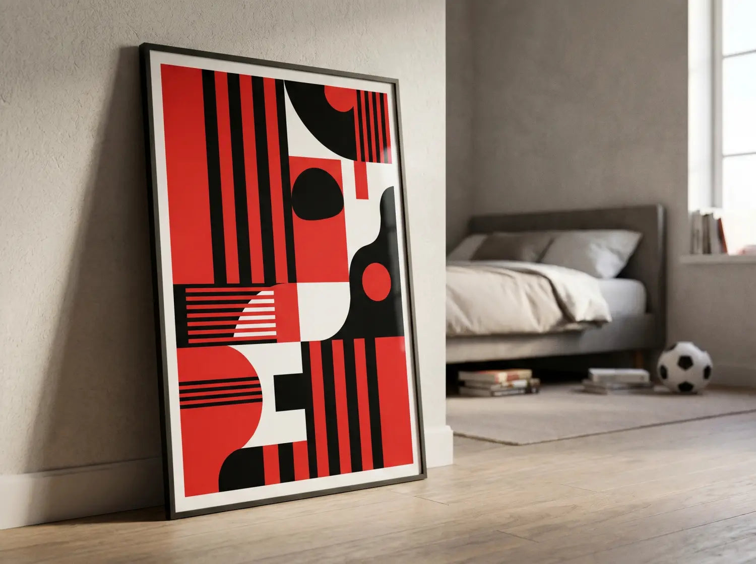 Détail d'une affiche déco football aux couleurs rouge et noir posée contre un mur