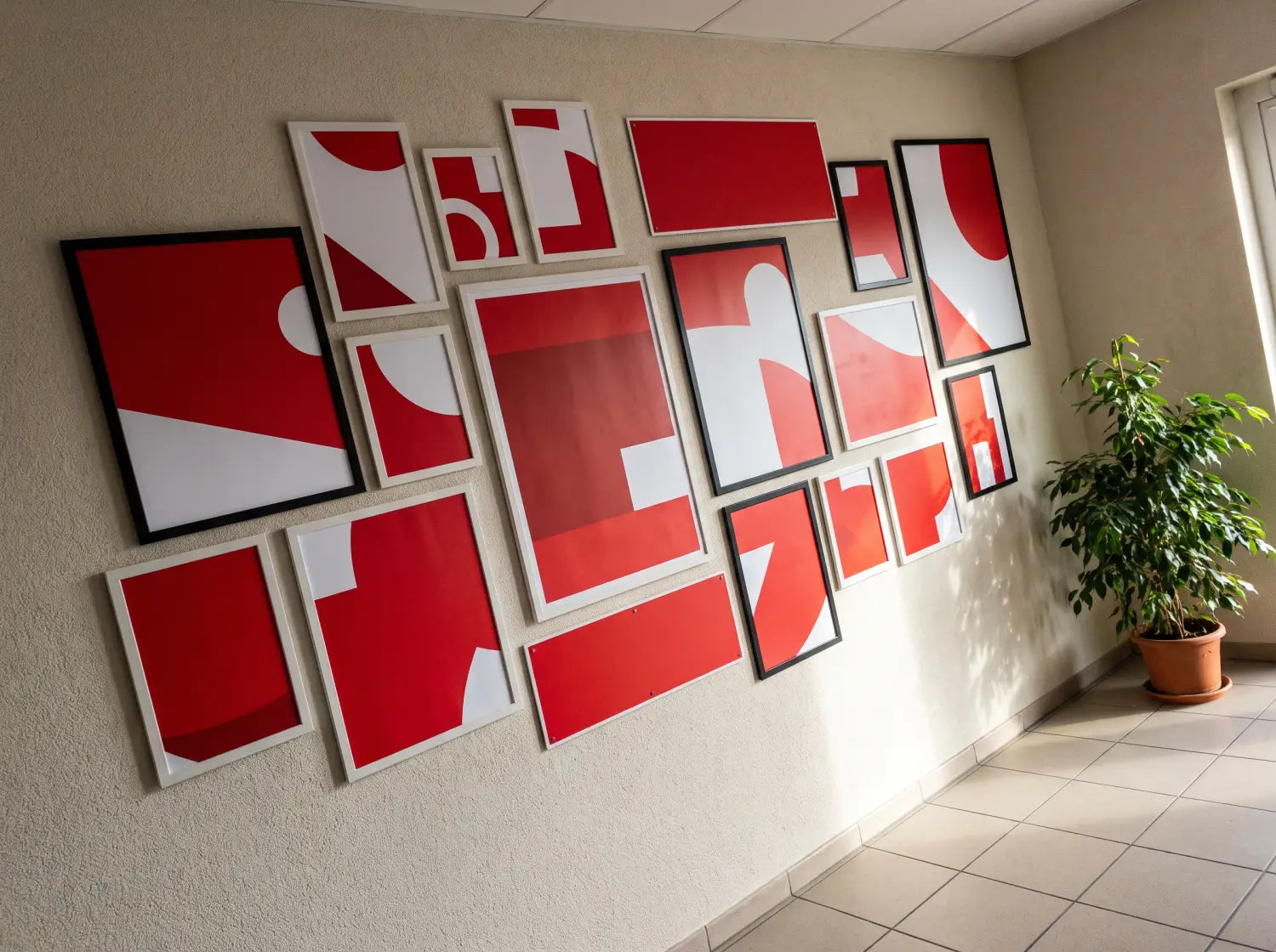 Mur d’entrée d’un club house de foot amateur habillé d’affiches et panneaux aux couleurs du club
