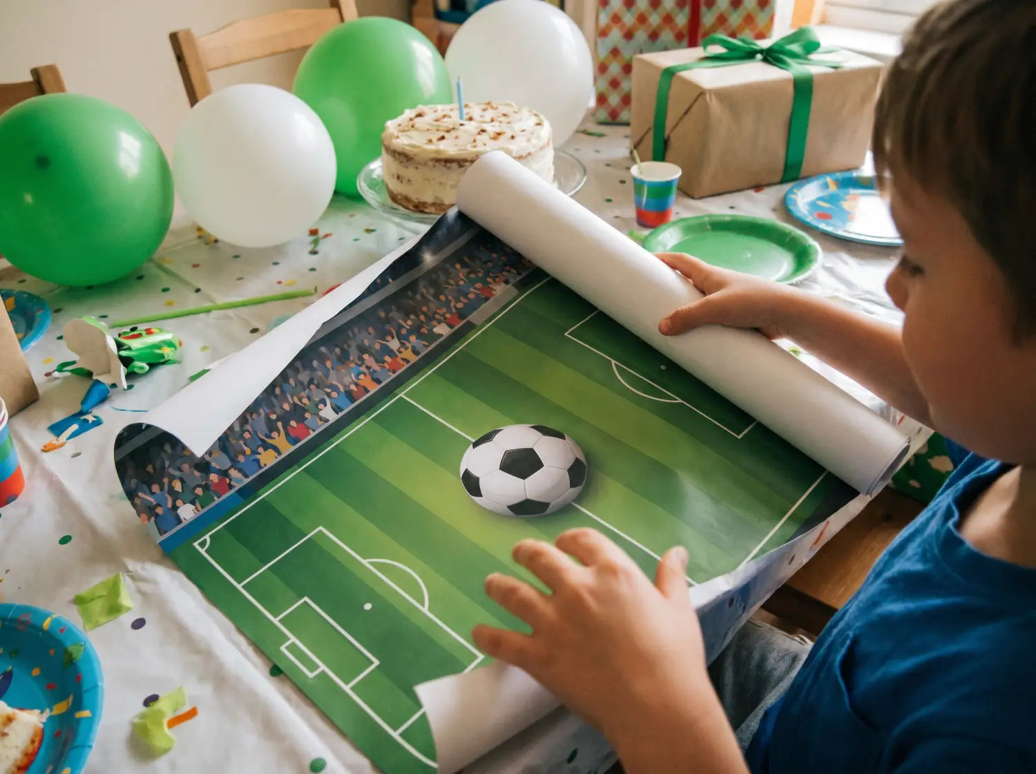 Enfant qui déroule une affiche football reçue en cadeau le jour de son anniversaire
