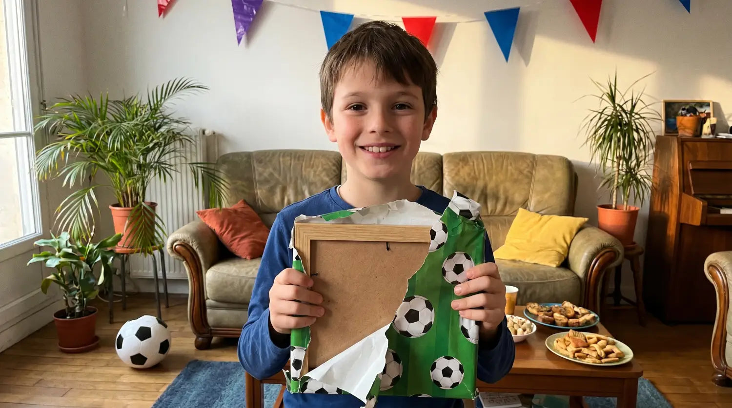 Jeune joueur de foot découvrant son cadeau de fin de saison à la maison