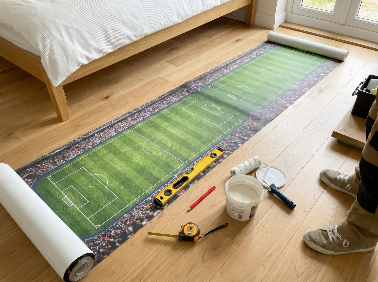 Marouflage d'un lé de papier peint panoramique football à la spatule