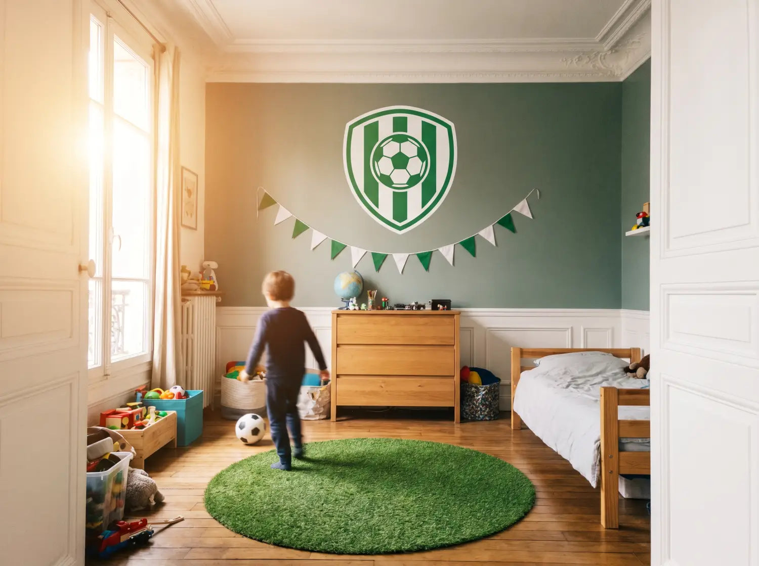 Chambre d'enfant complète décorée sur le thème du football aux couleurs du club