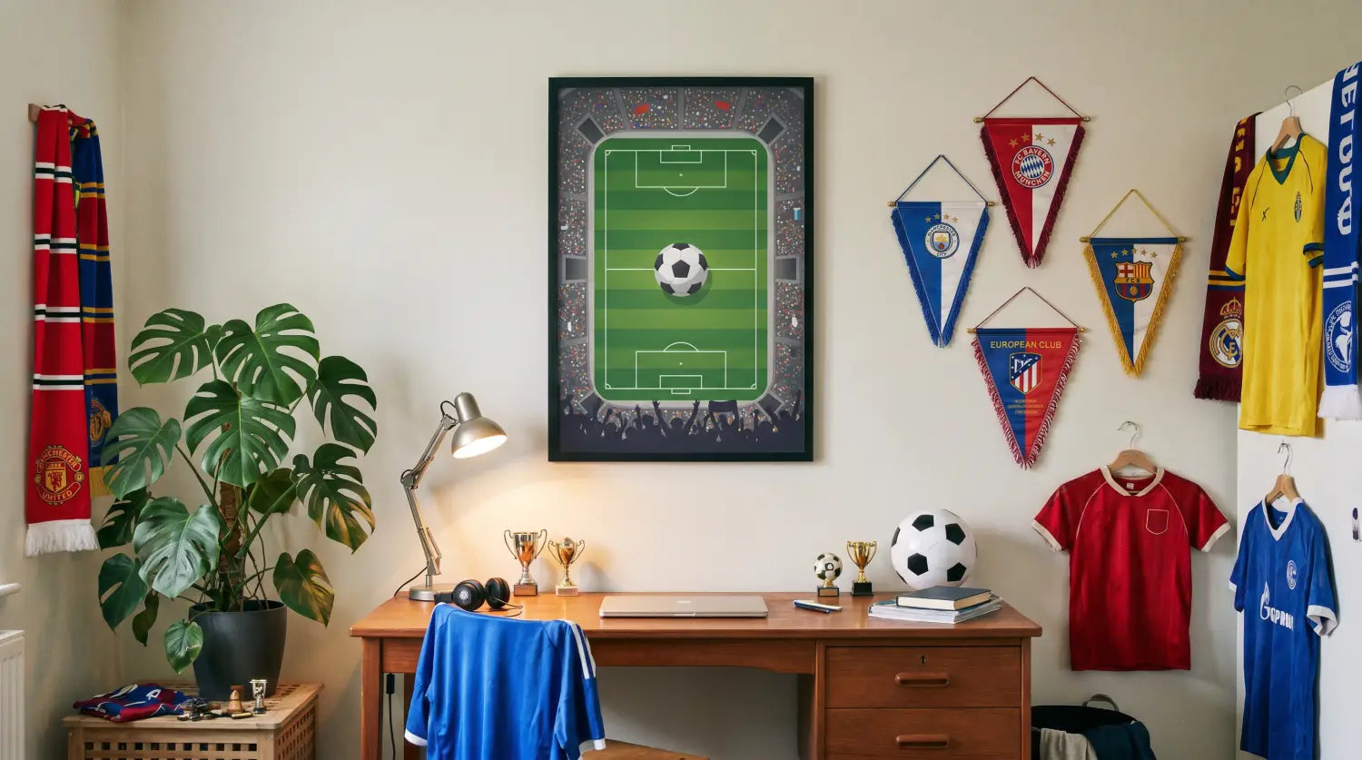 Affiche de football encadrée offerte en cadeau dans une chambre d'enfant