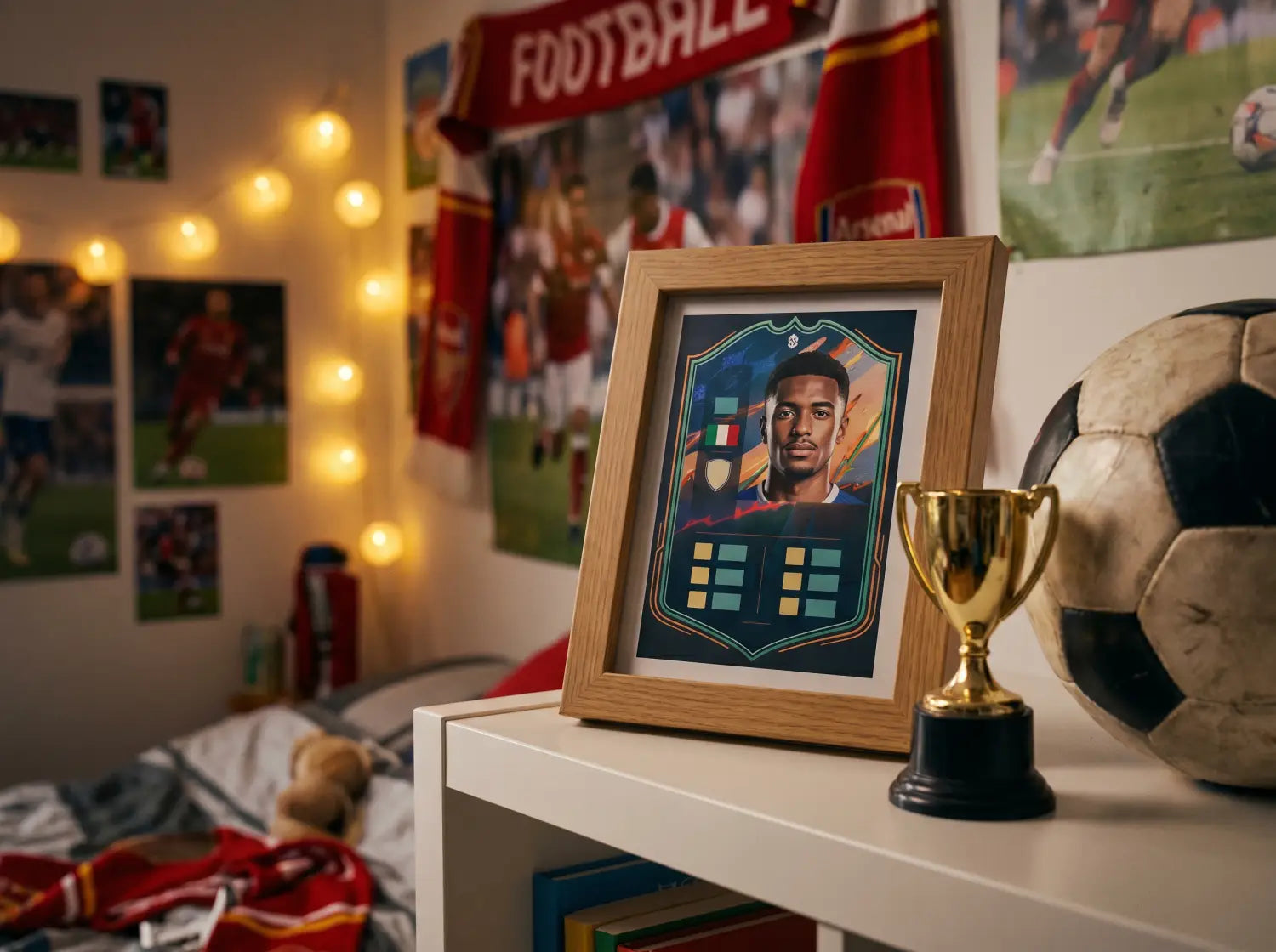 Carte de joueur de foot encadrée exposée sur une étagère de chambre déco football