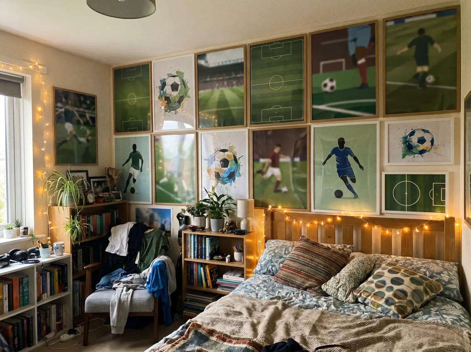 Mur de posters de foot grand format dans une chambre d'ado cosy