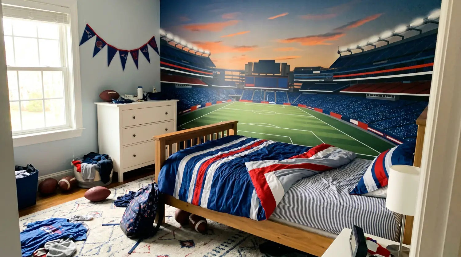 Chambre d'enfant décorée aux couleurs supporter OL avec papier peint panoramique de stade