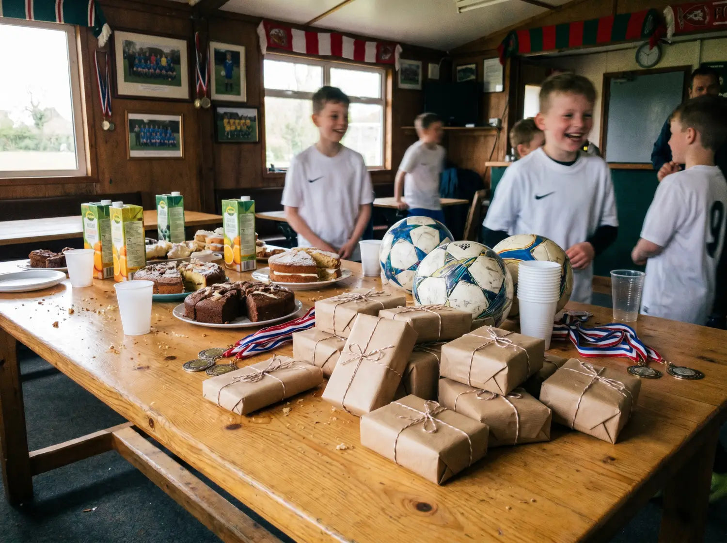 Table de goûter de fin de saison avec cadeaux emballés dans un club house de foot