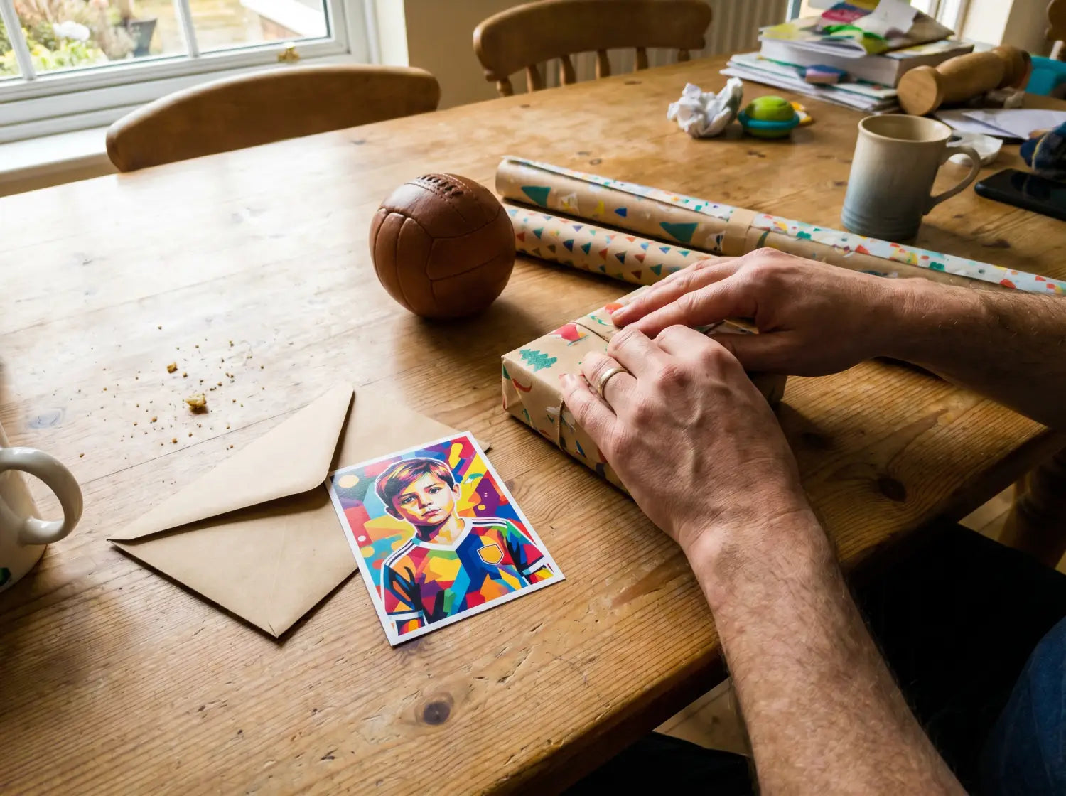 Préparation d'un cadeau carte de joueur foot emballé à la maison