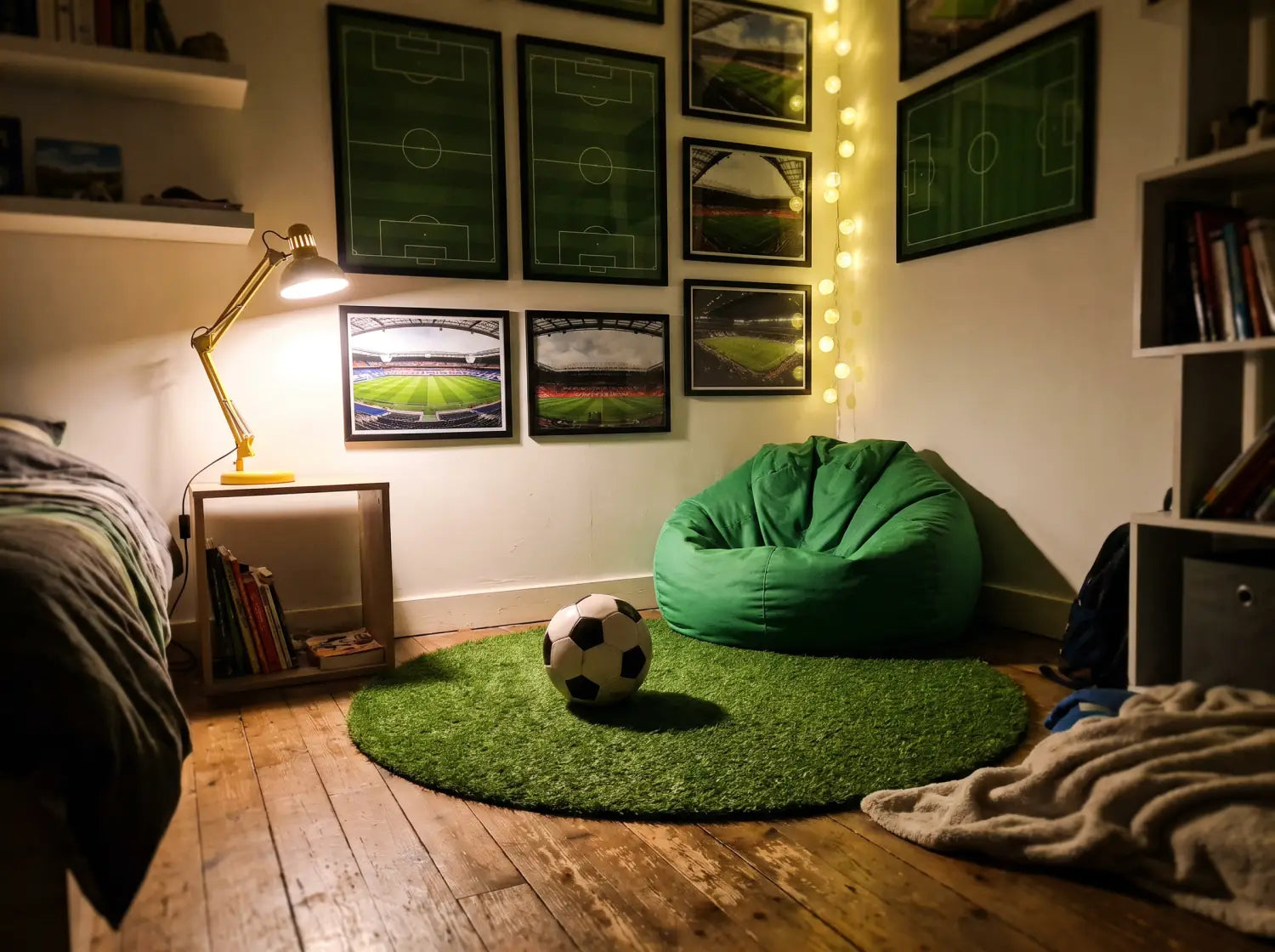 Coin détente chambre ado thème football avec affiches et tapis pelouse