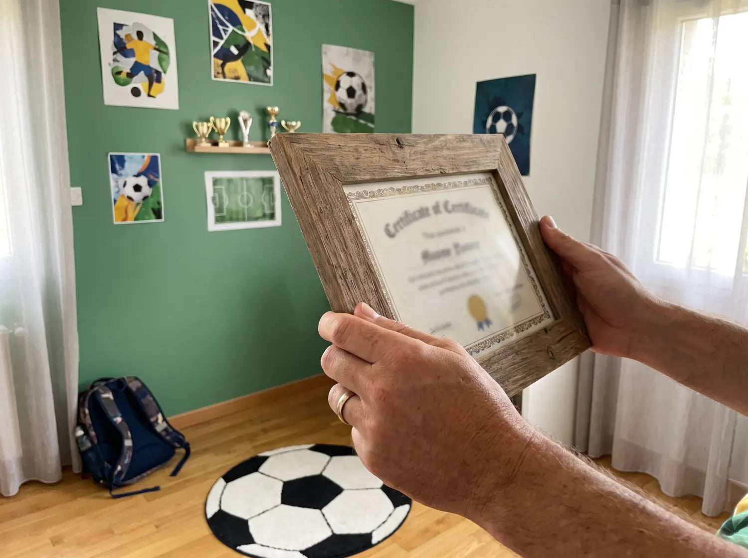 Parent accrochant le diplôme de foot encadré au mur d'une chambre d'enfant thème football