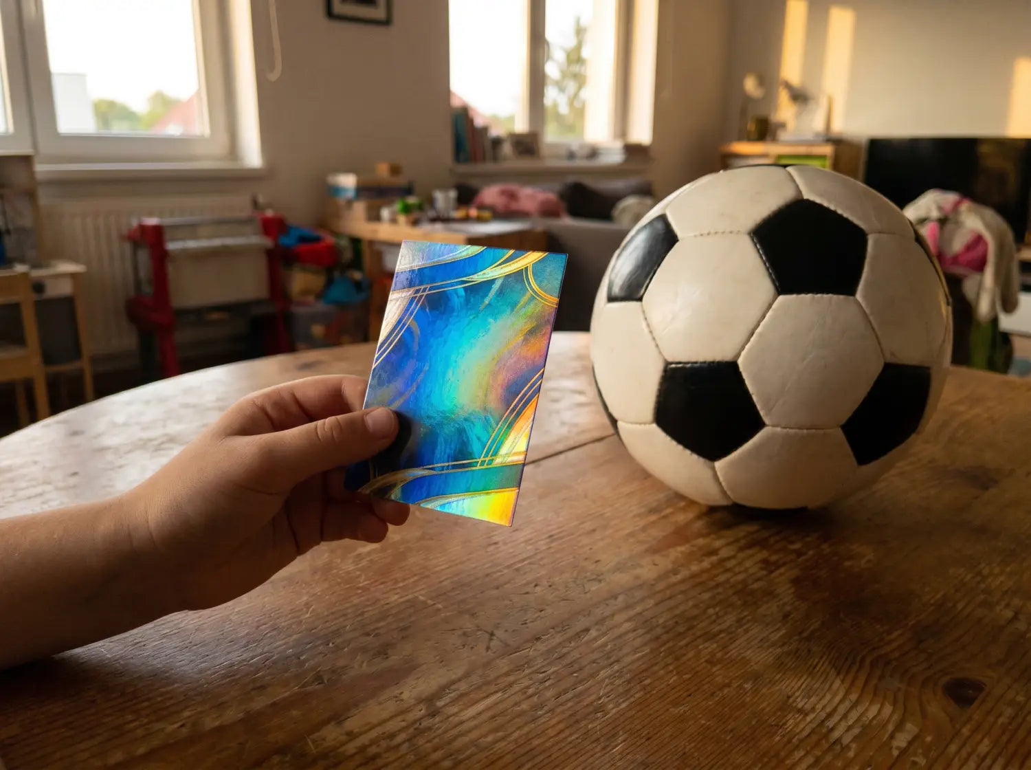 Gros plan sur une carte de joueur foot collector personnalisée effet holographique tenue en main