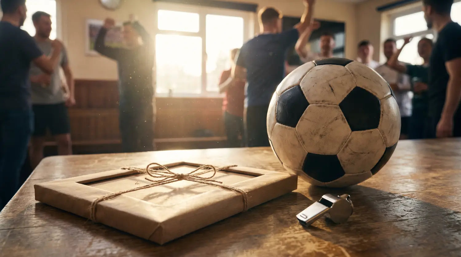Cadeau de fin d'année pour coach de foot emballé dans un club house