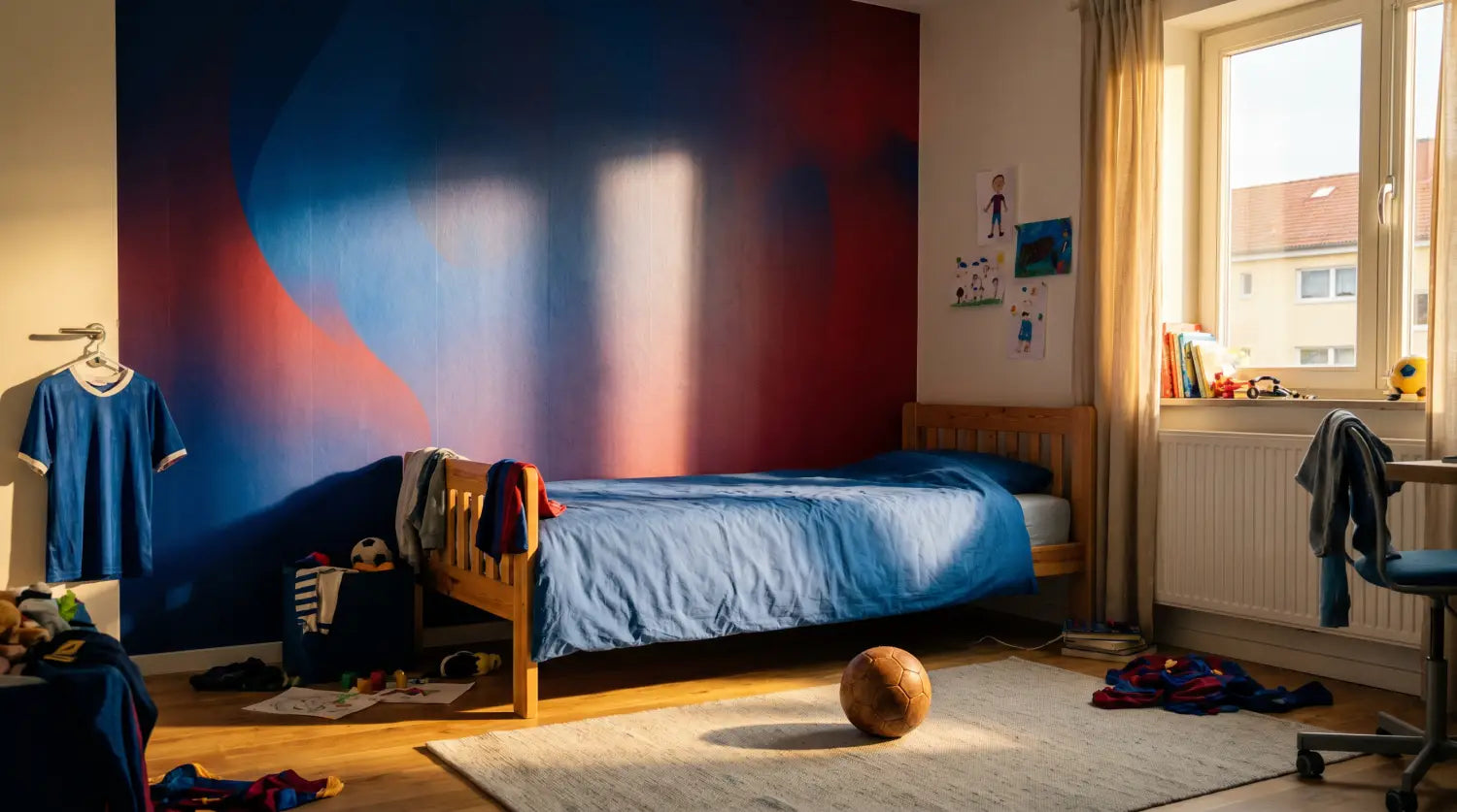 Parent en train de poser un lé de papier peint foot personnalisé aux couleurs bleu ciel d'un club