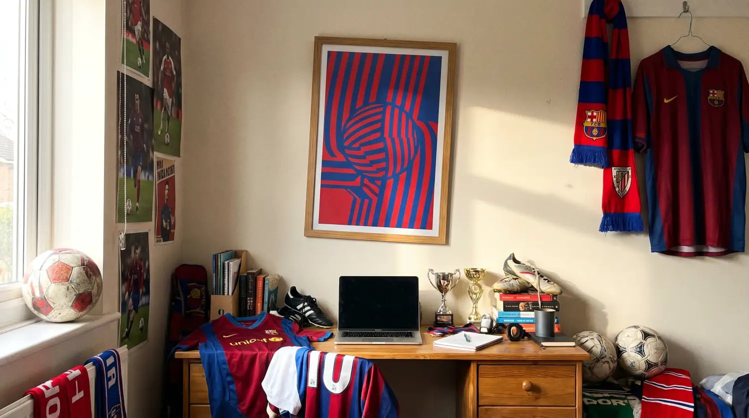 Affiche aux couleurs d'un club de foot personnalisable accrochée dans une chambre d'ado