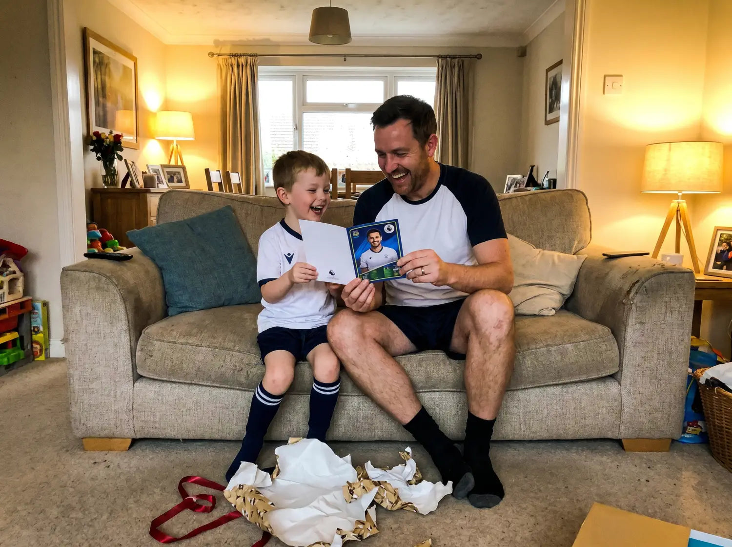 Père et fils découvrant ensemble une carte de joueur de foot personnalisée offerte en cadeau