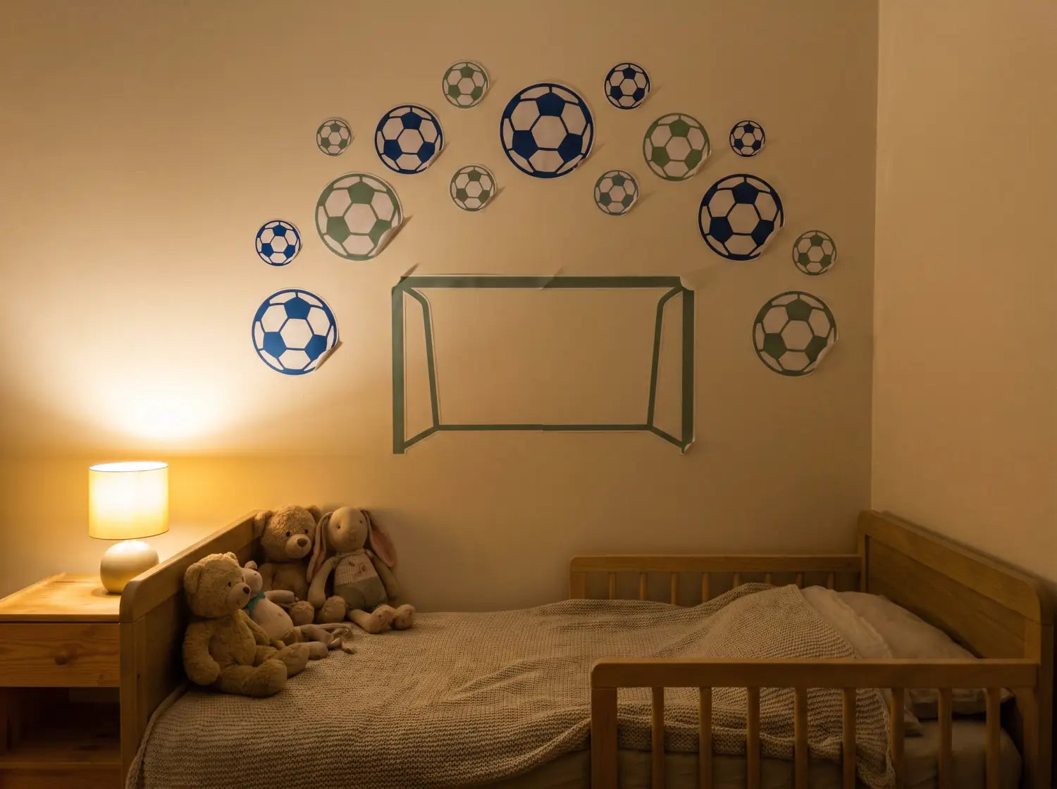 Stickers foot repositionnables posés autour du lit dans une chambre de jeune enfant