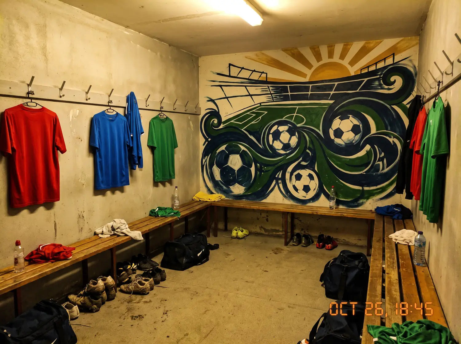 Vestiaire de club de foot amateur avec fresque murale motivante et bancs en bois
