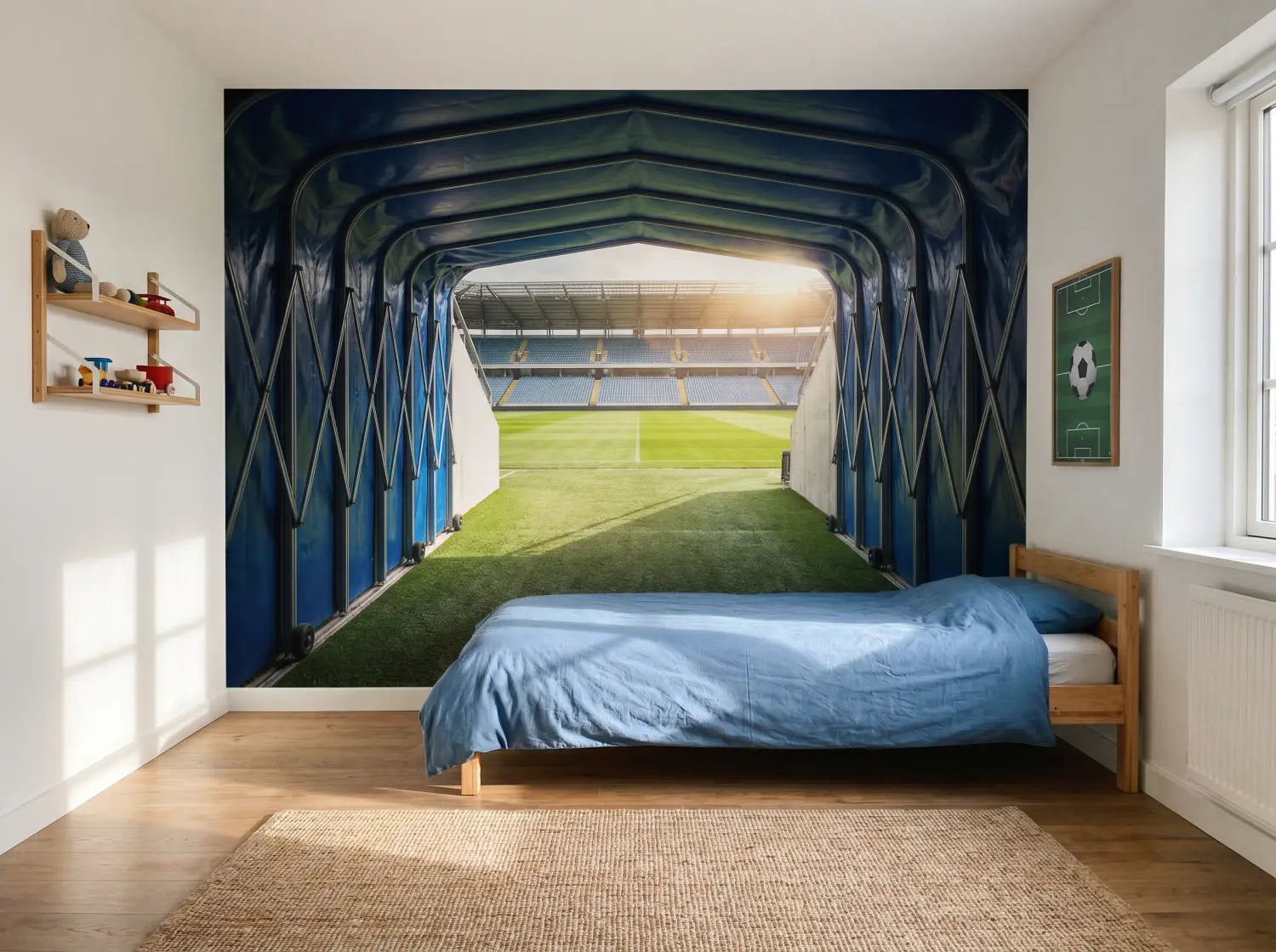 Coin bureau d'une chambre avec papier peint tribunes de stade en trompe-l'oeil