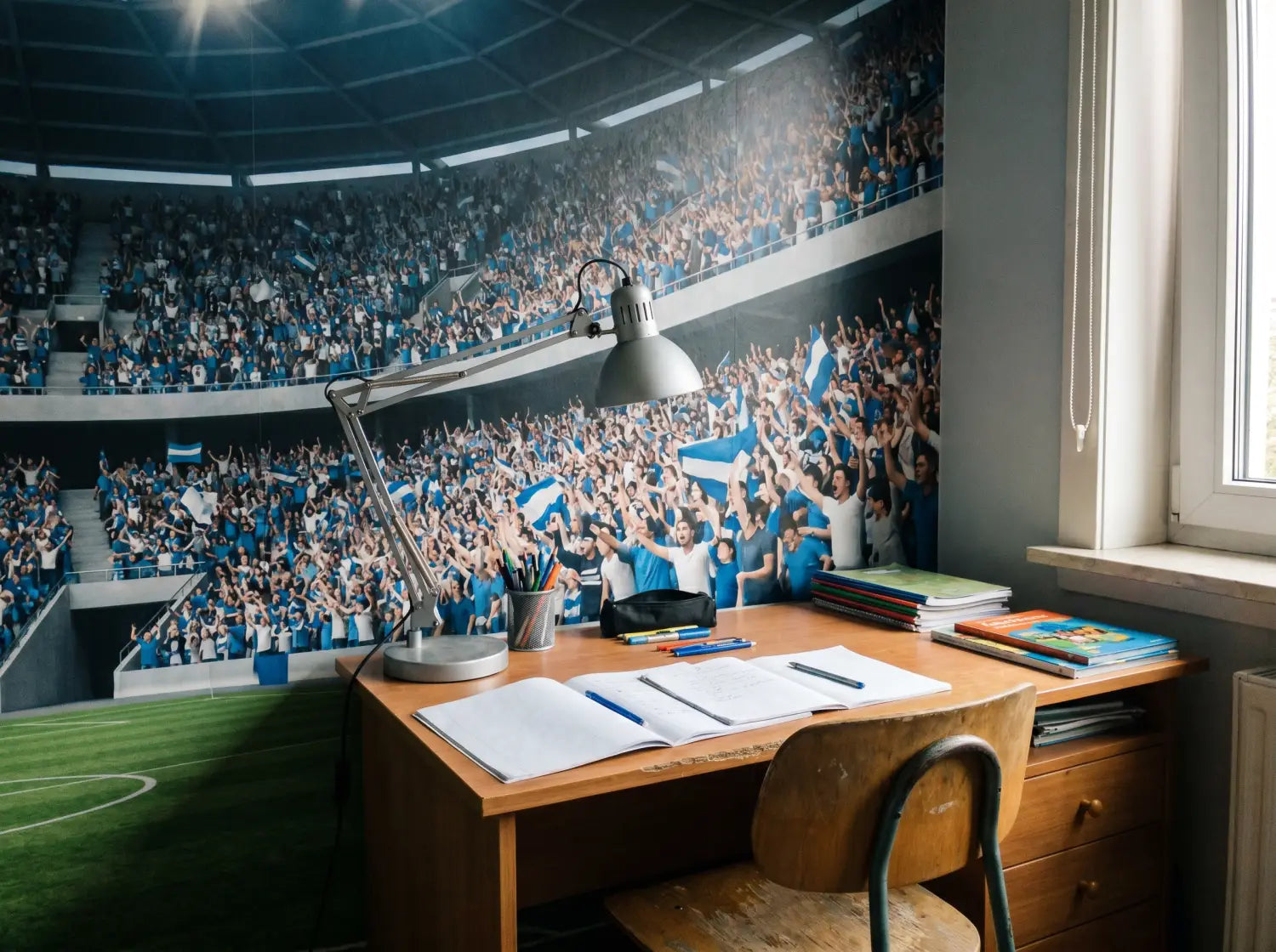 Détail de la texture d'un papier peint trompe-l'oeil terrain de foot