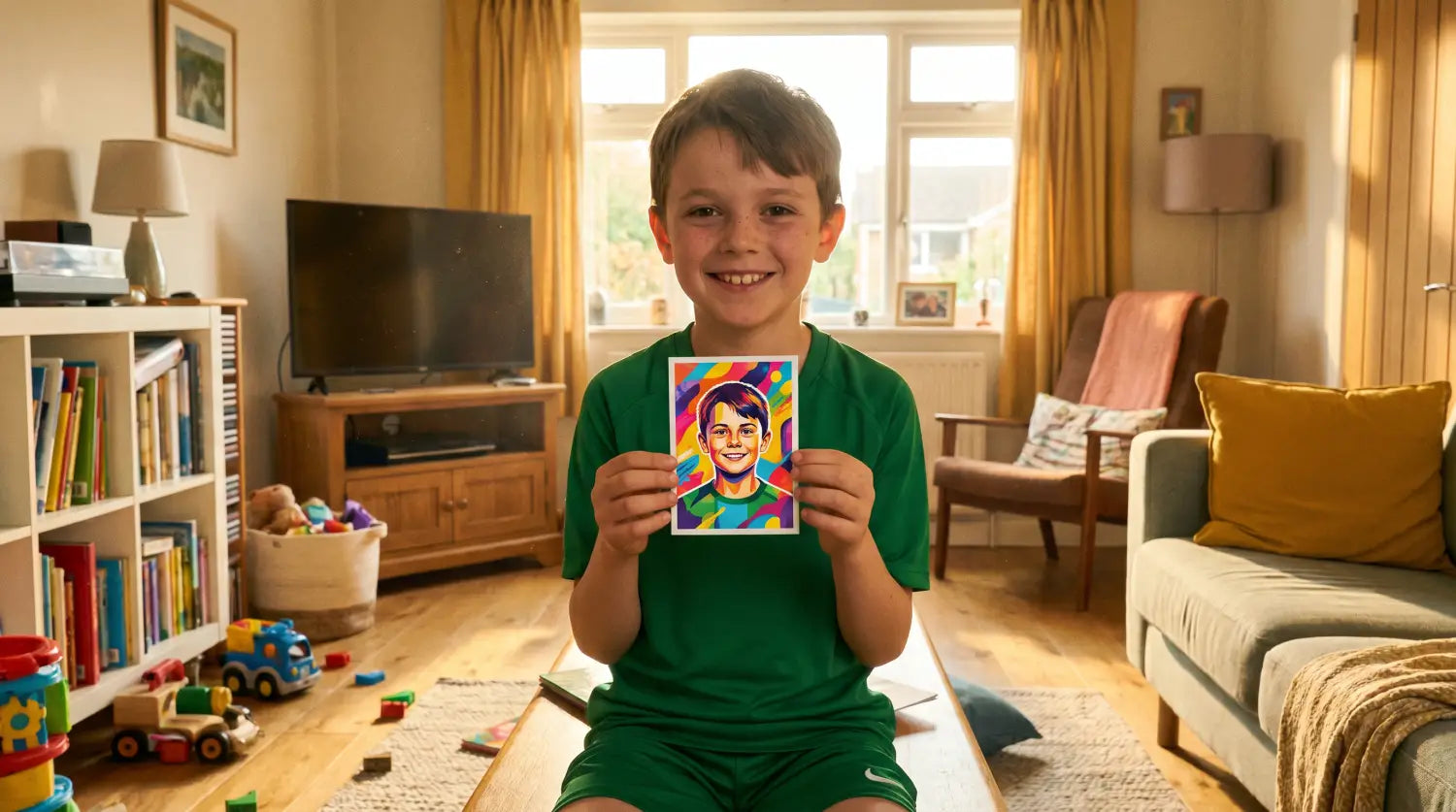 Enfant fier tenant sa carte de joueur de foot personnalisée dans le salon familial