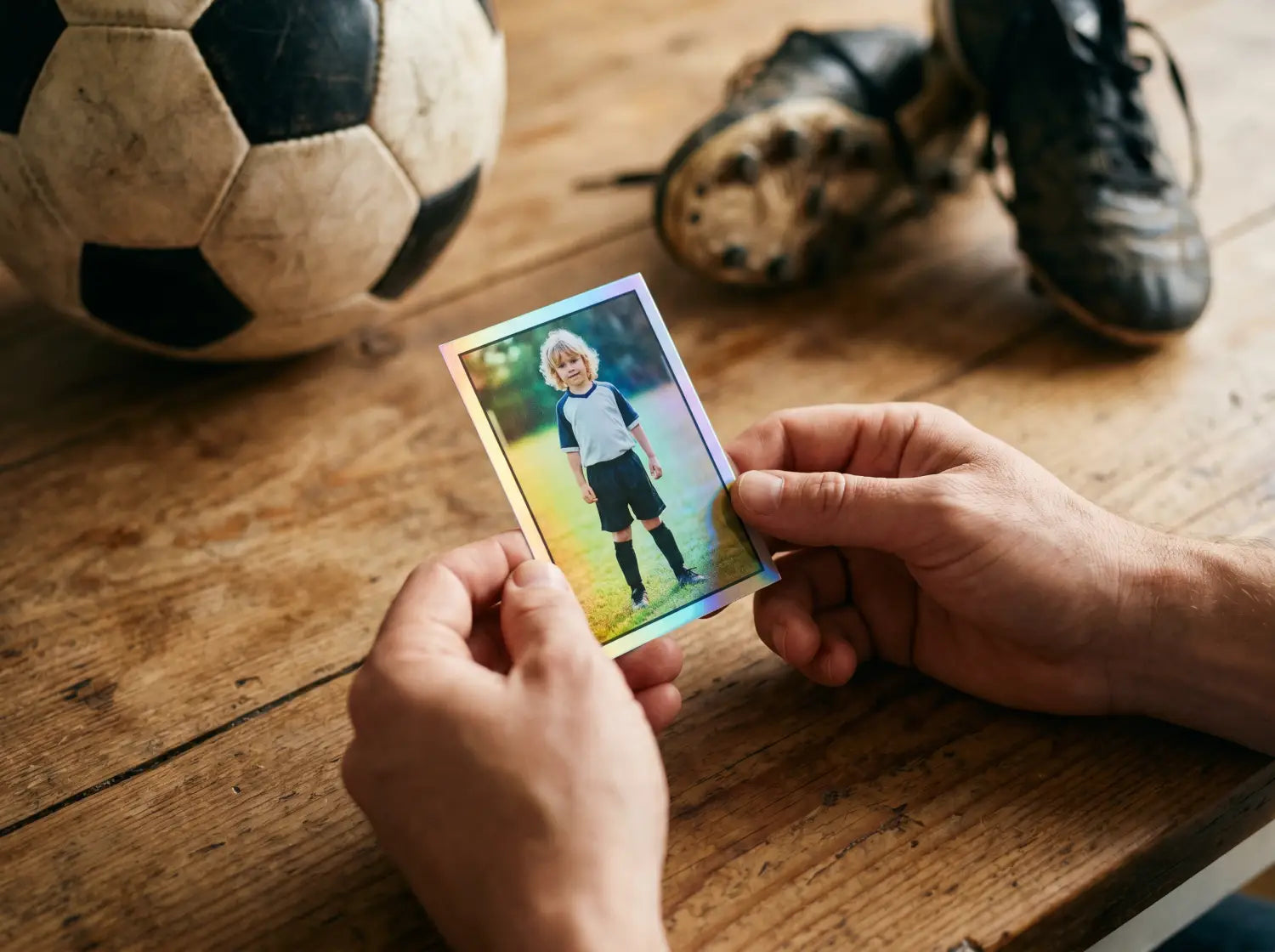 Gros plan sur une carte de joueur de foot personnalisée avec photo d'enfant tenue en main