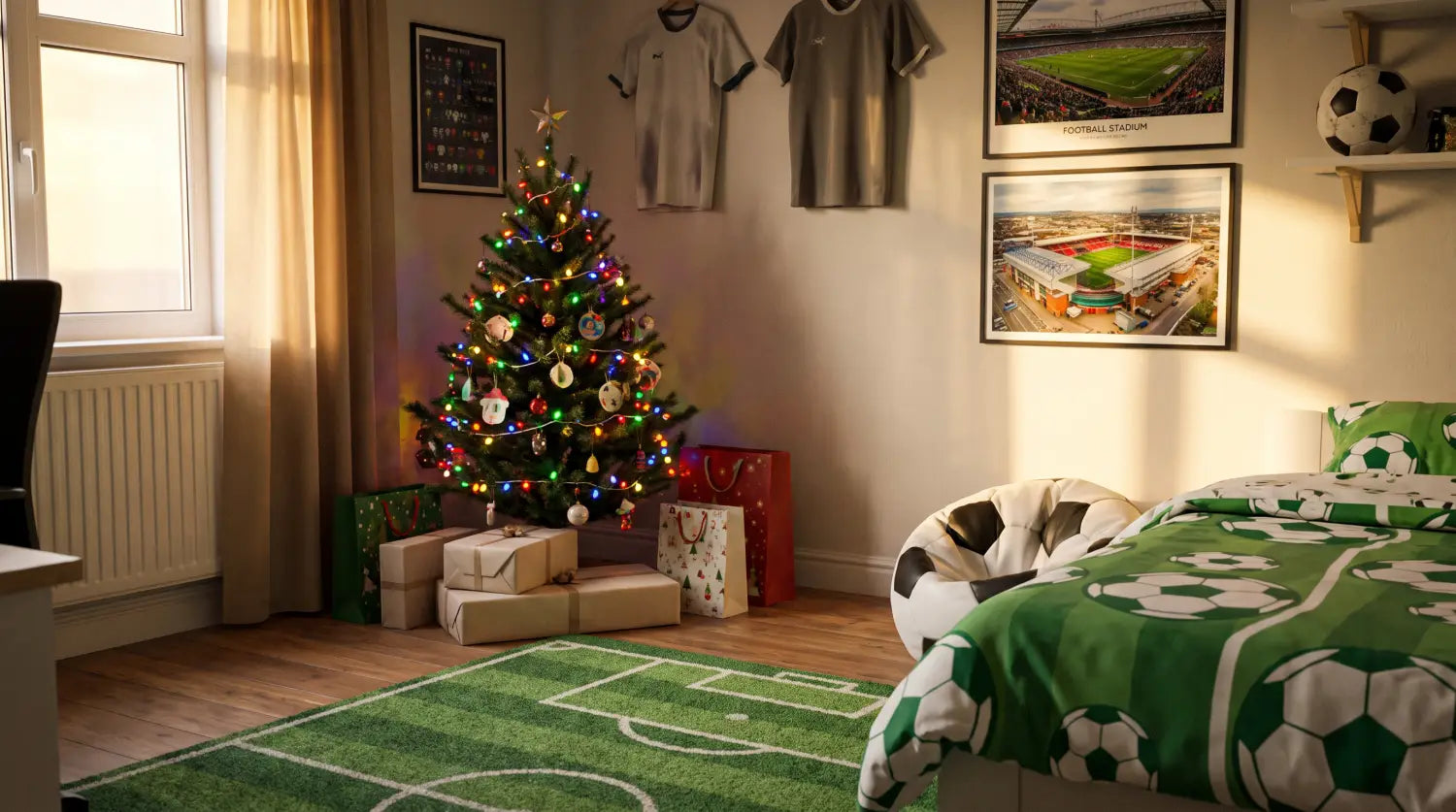 Chambre d'enfant décorée sur le thème du football le matin de Noël avec sapin et cadeaux