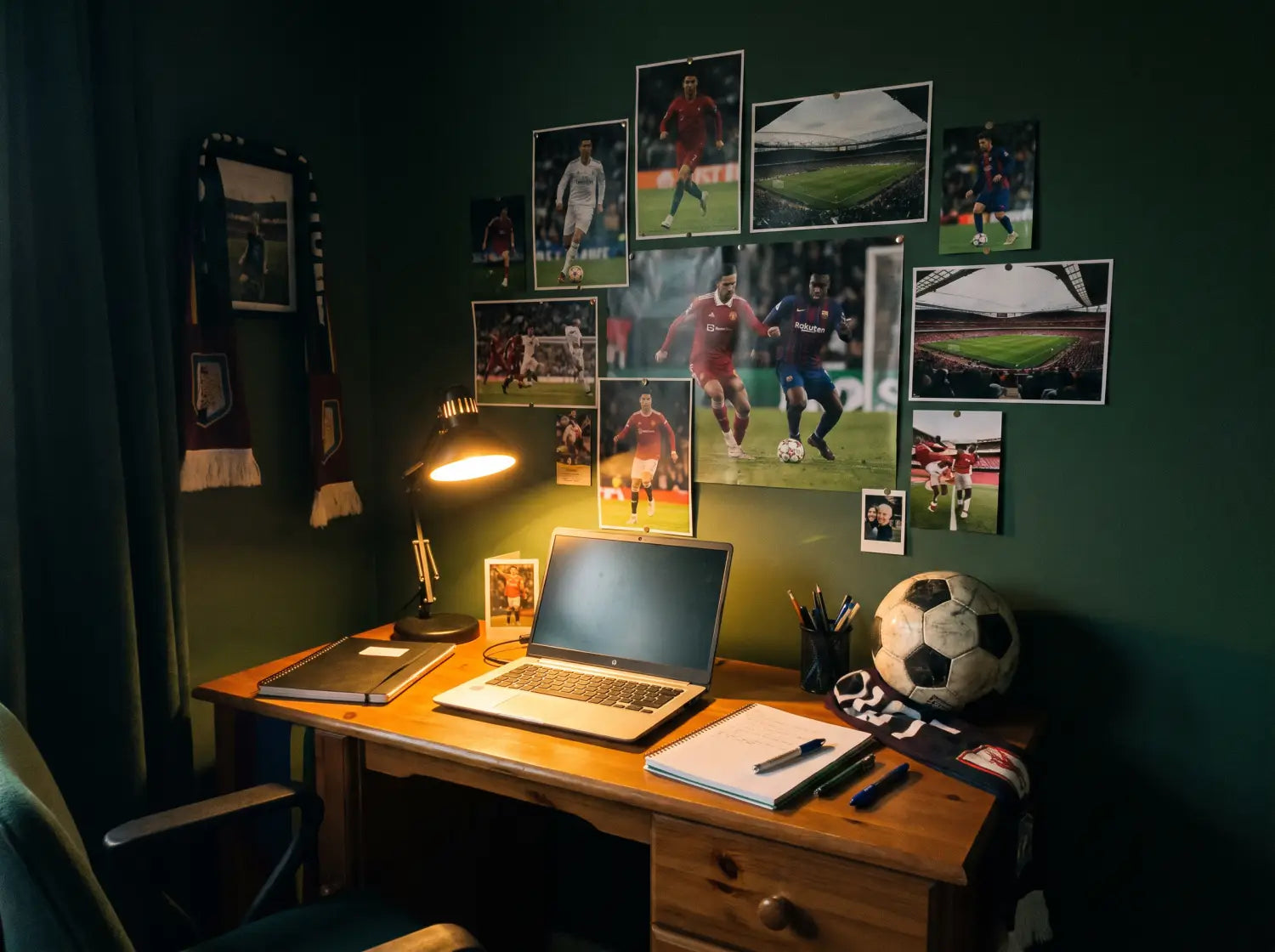 Coin bureau d'ado fan de foot avec affiches football au mur