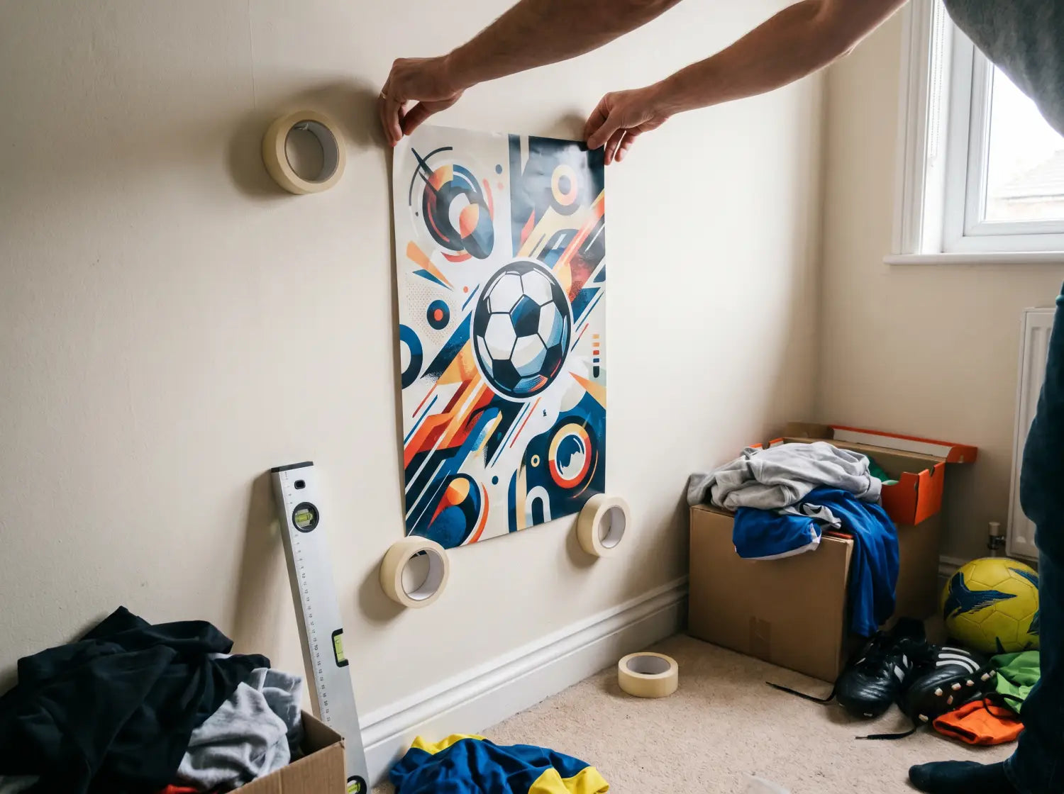 Pose d'une affiche football motivante sur un mur clair de chambre d'ado