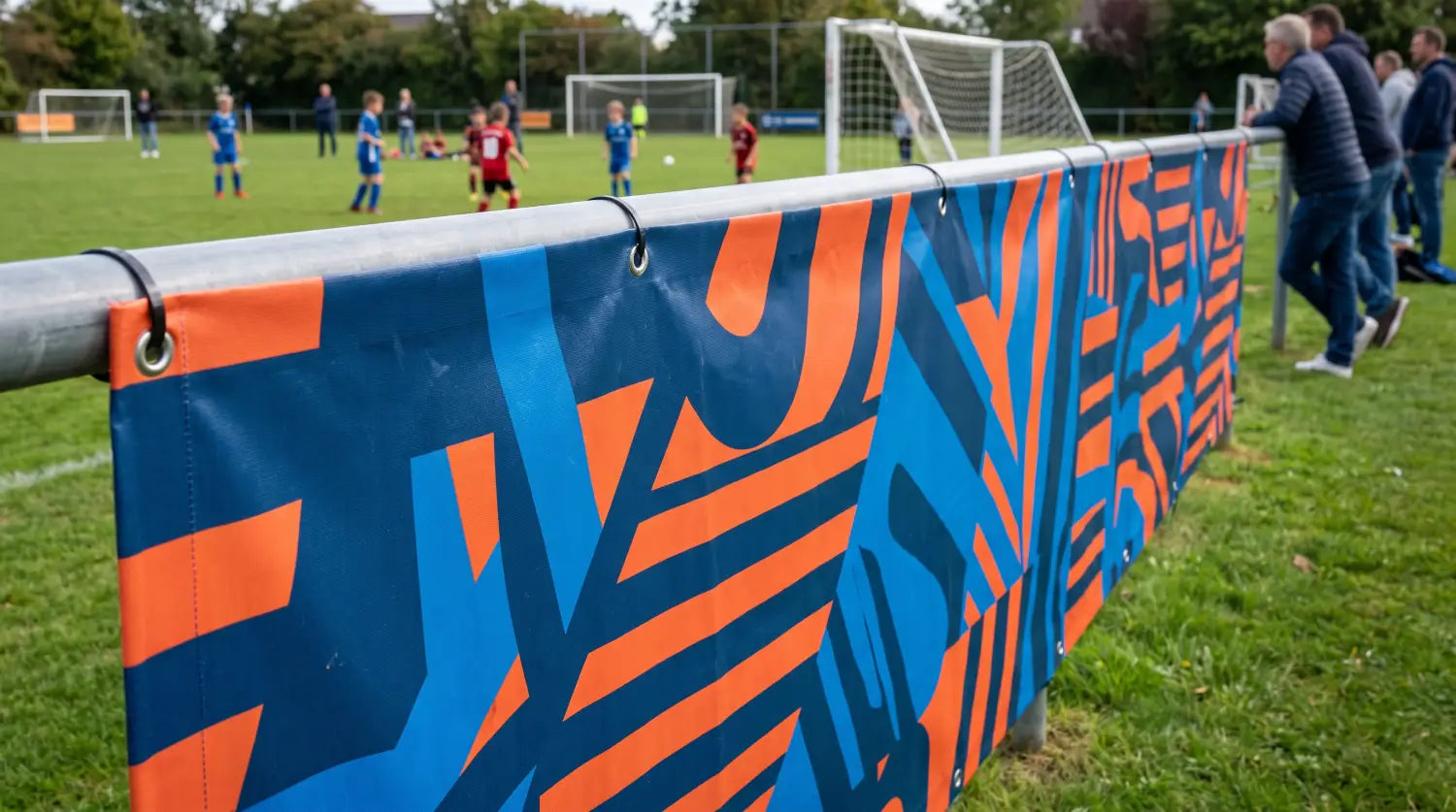 Banderole de football personnalisée tendue le long d'un terrain lors d'un tournoi de jeunes