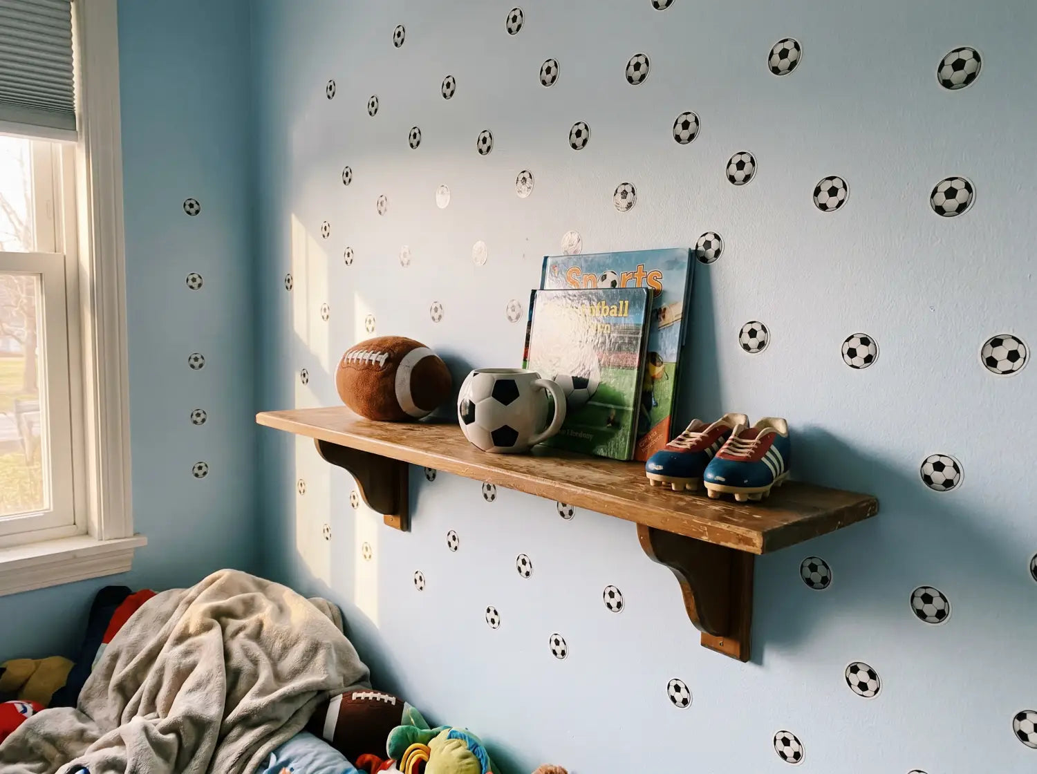 Détail d'un mur de chambre d'enfant avec petits stickers ballon de foot sur peinture claire