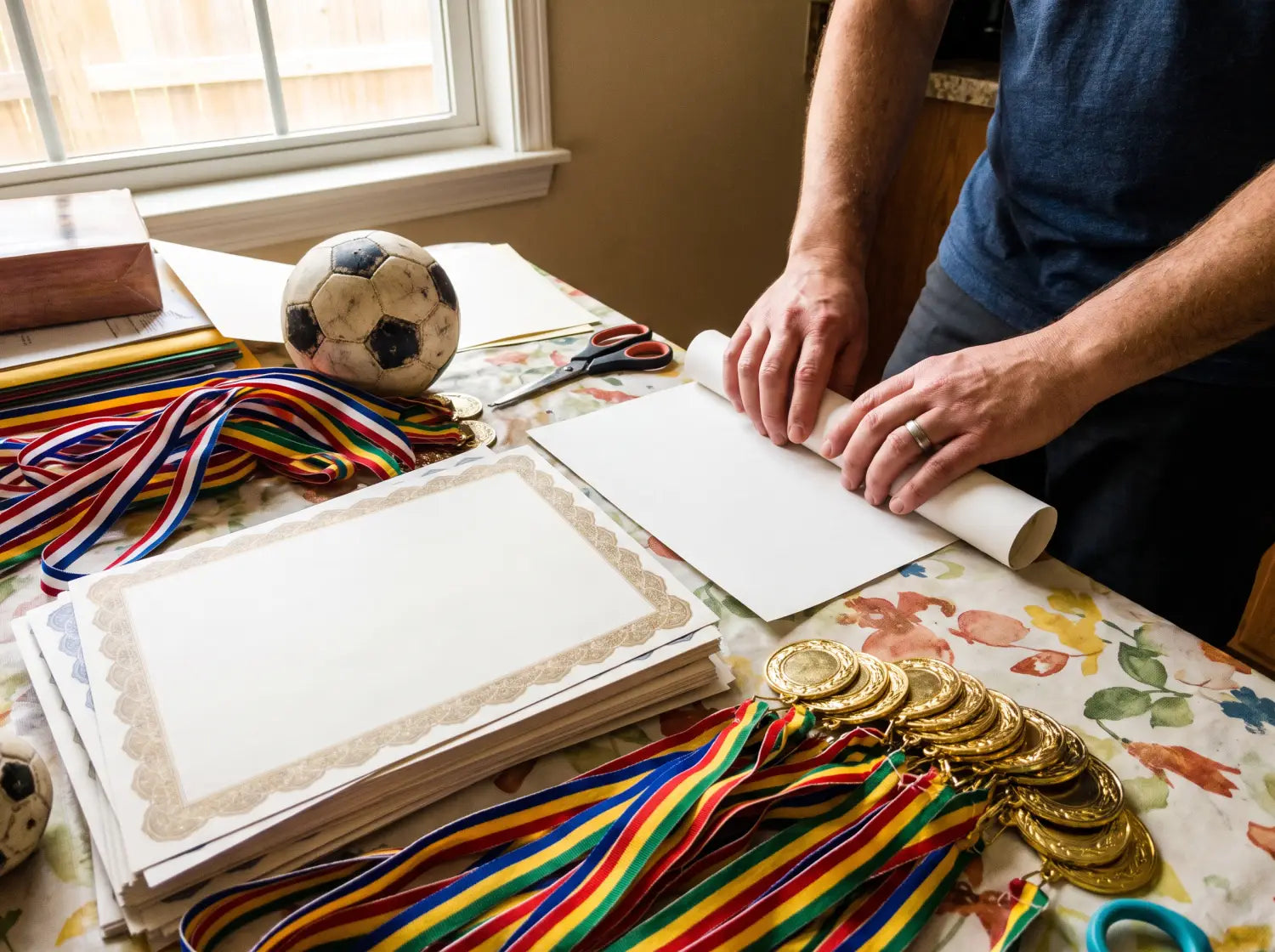 Préparation de diplômes rubans et médailles pour un tournoi de foot enfants sur une table familiale