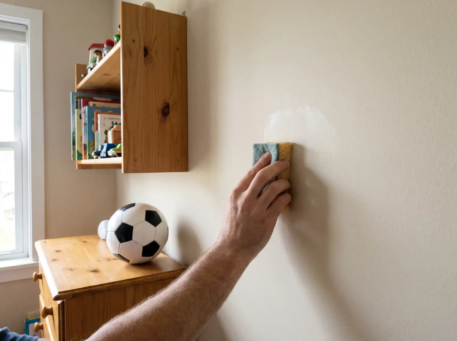 Nettoyage à l'éponge des résidus de colle sur un mur de chambre après retrait d'un sticker