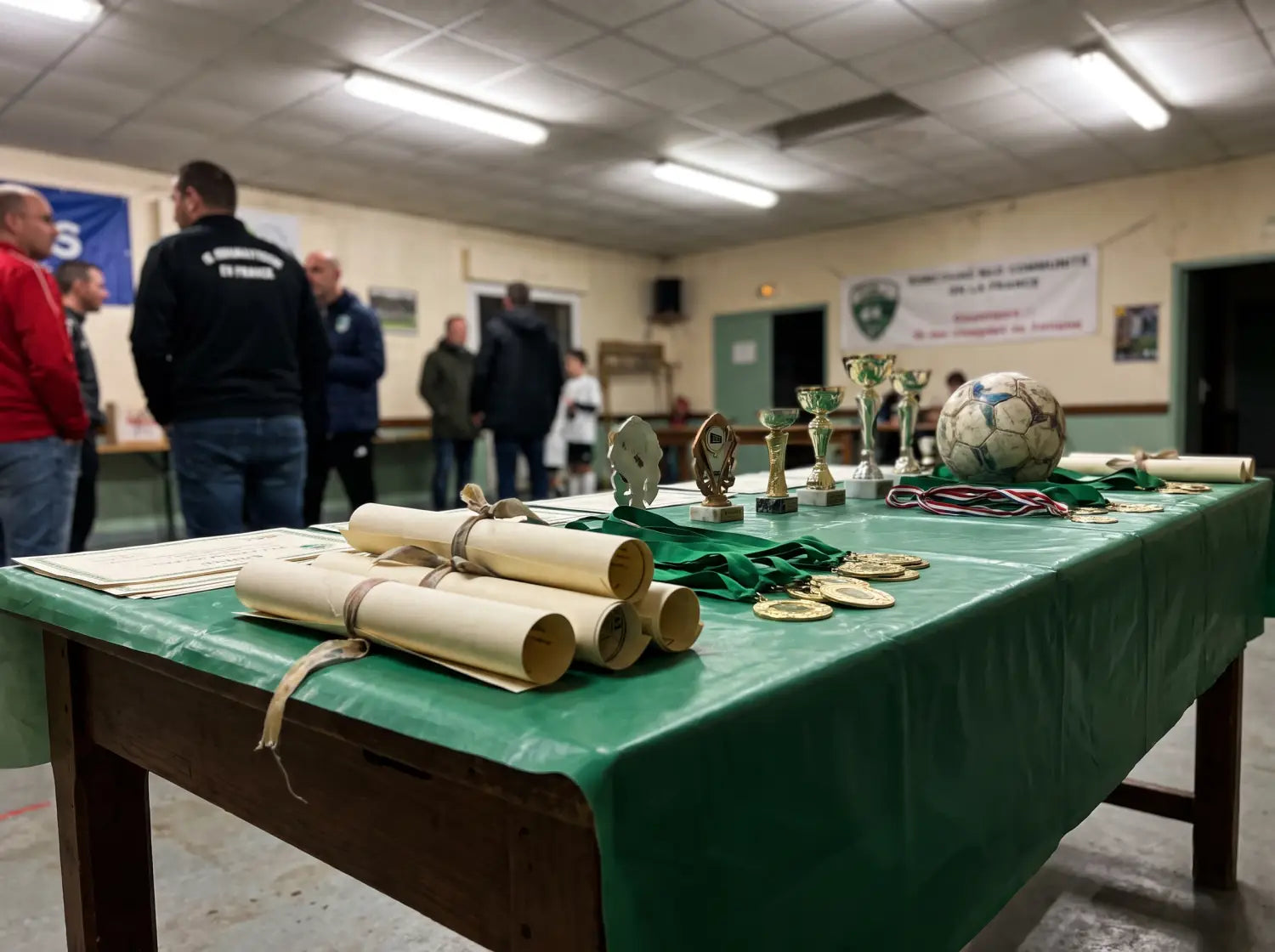 Table de remise de récompenses fin de saison dans un club de foot amateur avec diplômes et médailles