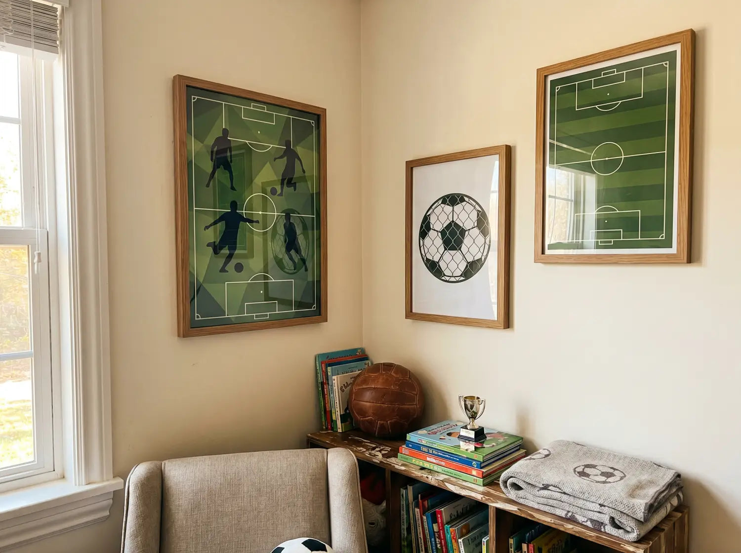 Coin d'une chambre d'enfant avec plusieurs affiches foot encadrées formant un mur galerie
