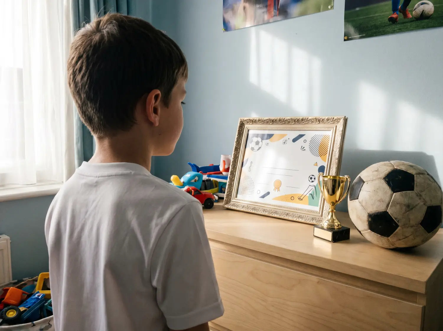 Jeune joueur de foot admirant son diplôme et son trophée dans sa chambre