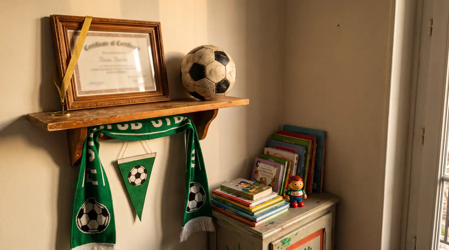 Diplôme de meilleur joueur de foot encadré dans une chambre d'enfant avec déco football